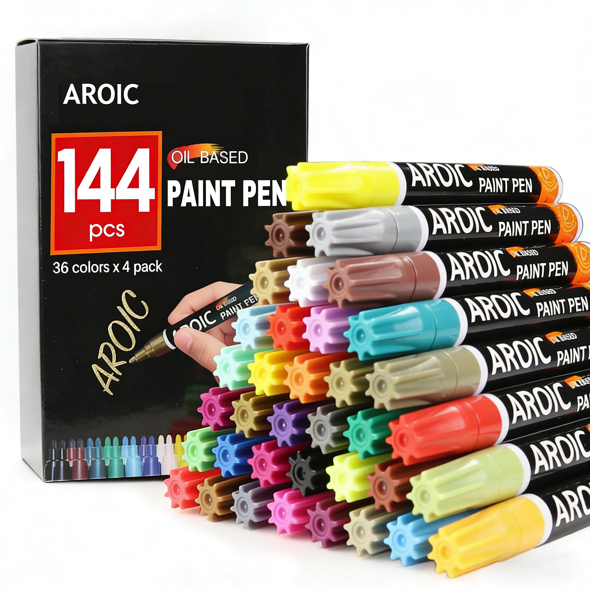 AROIC 144Pcs Oil-Based Paint Pens for Rock Painting - 36 Colors Write On Anything Waterproof Painting Marker Pen for Wood, Metal, Plastic, Glass, Canvas, Ceramic, Medium-Tip Paint Markers