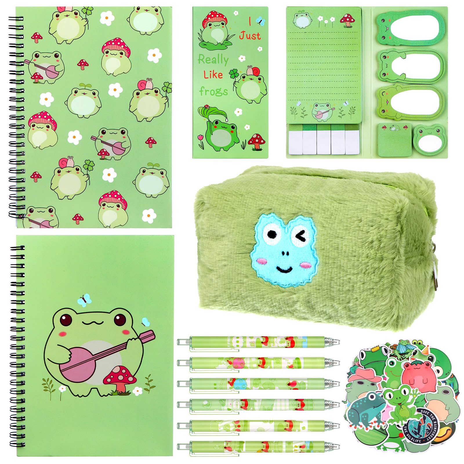 70 Pcs Frog Stationery Set Frog Pencil Pouch Frog Pens Cartoon Frog Stickers Notebooks Sticky Notes Stickers Index Tags Frog Party Favours Back to School Gift for Kids Frog Lovers Student Teacher