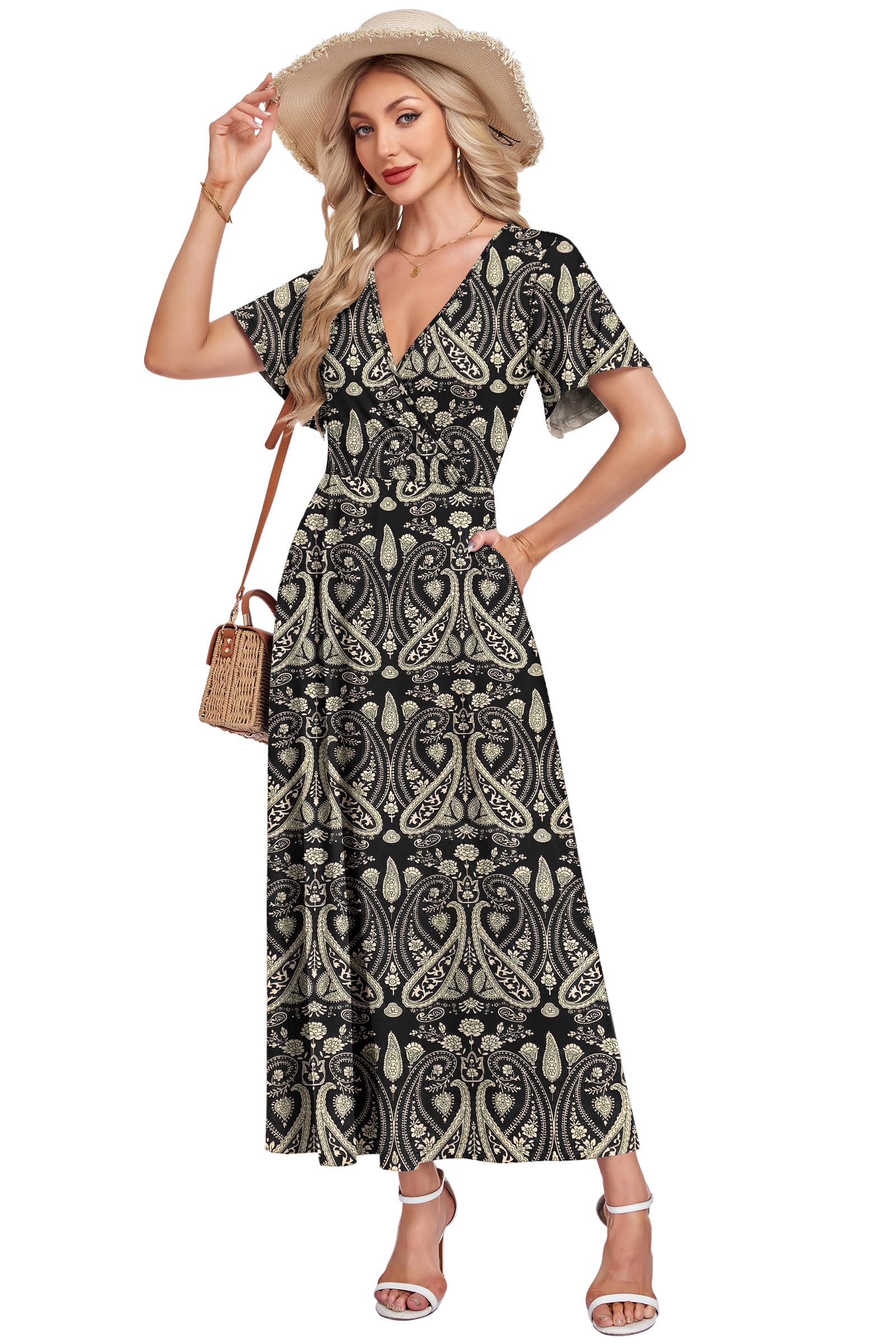 AUSELILY Abito Lungo da Donna Italia, Abito Elegante a Maniche Corte a Collo a V, Abito Estivo con Tasche
