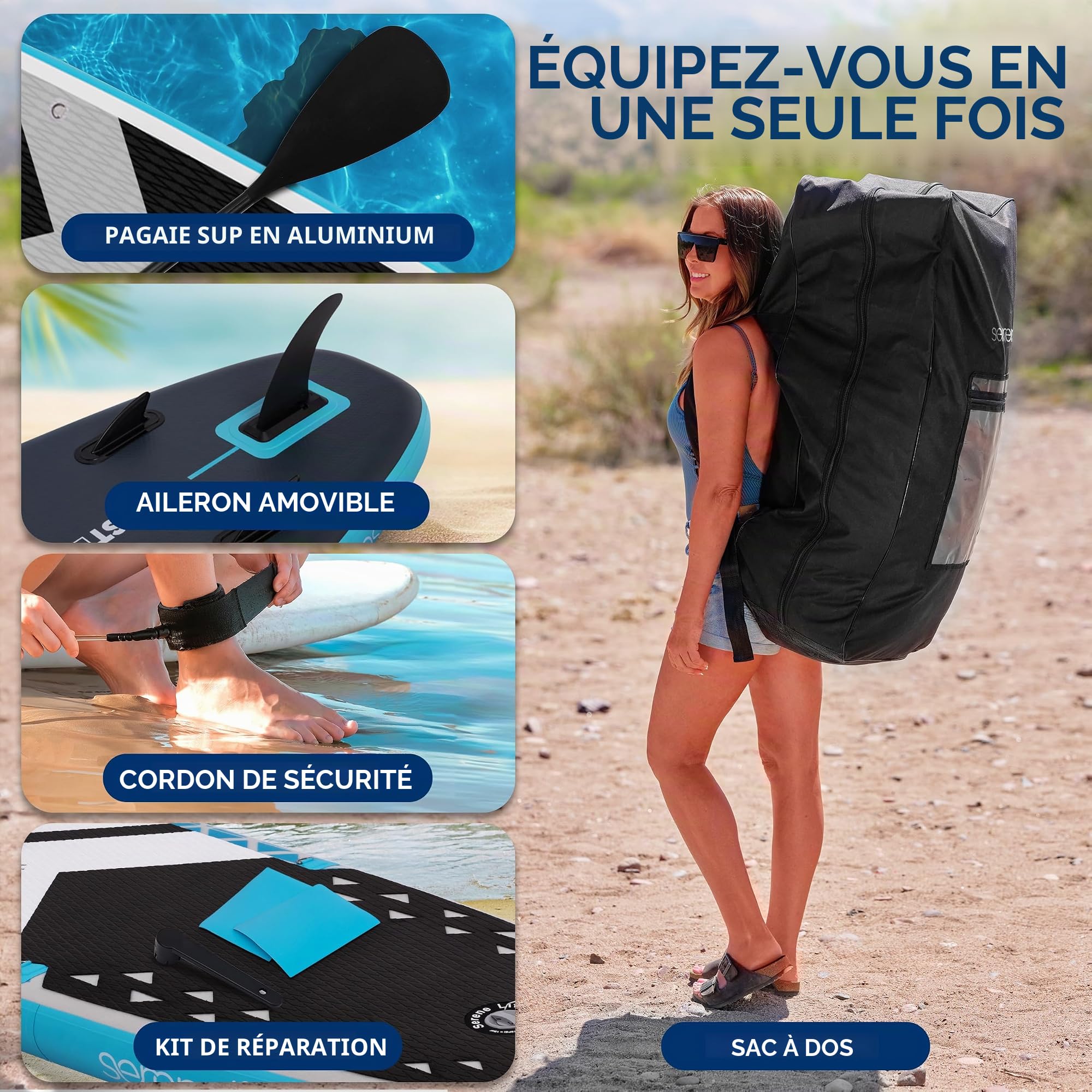 SereneLife Paddle Gonflable Adulte 305 x 81 cm – Stand Up Paddle Gonflable Stable et Antidérapant avec LED et Accessoires pour Lac et Rivière