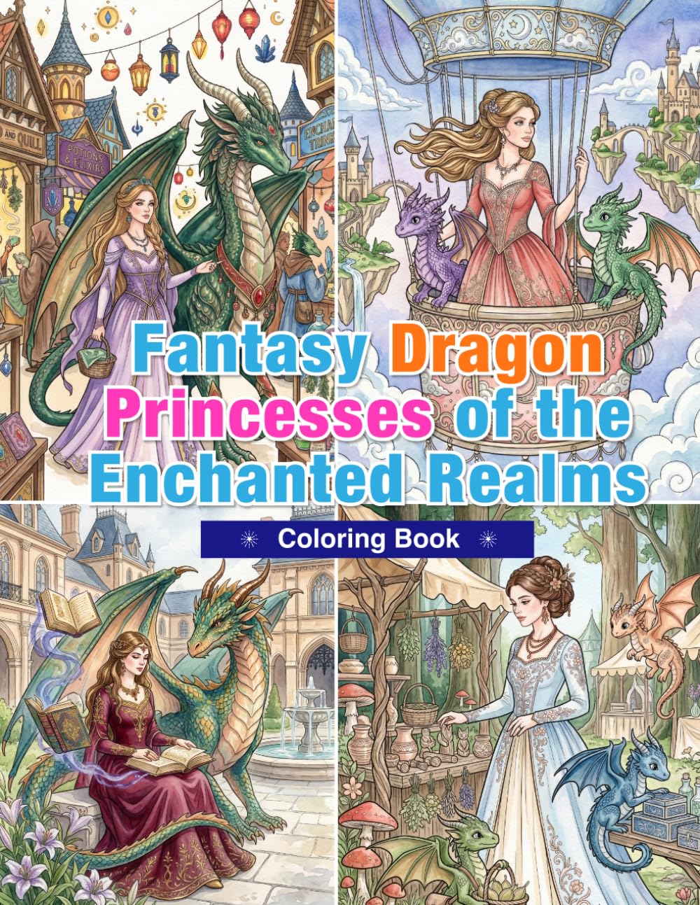 Fantasy Dragon Princesses of the Enchanted Realms Coloring Book: Dragon Princesses, Magical Kingdoms, Fantasy Castles, and Enchanted Dragons for Adults