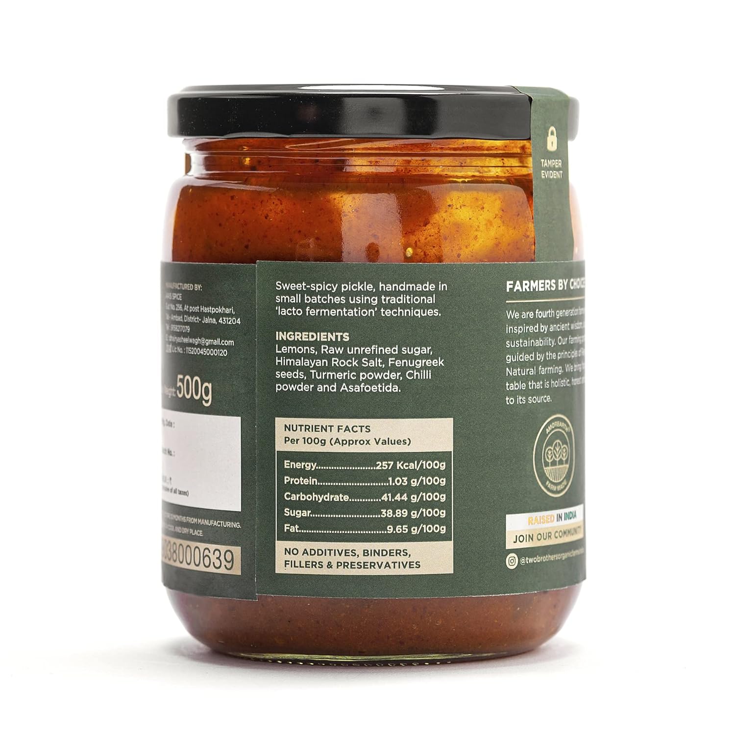 TWO BROTHERS ORGANIC FARMS - Natural Healthy Fresh Sweet and Sour Lemon Pickle Nimbu Achaar No Artificial Preservatives, 500 gms