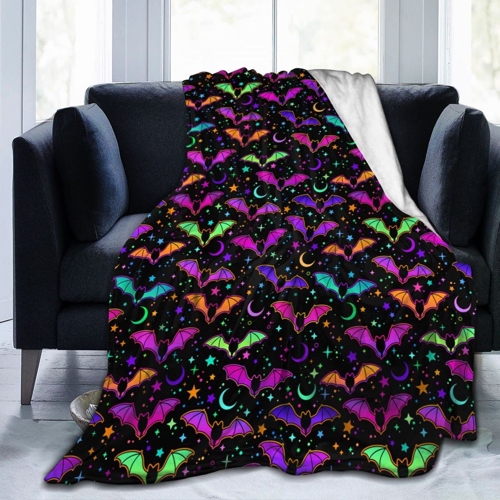 Lsjuee Bright Bats Throw Blanket Warm Cozy Blankets Lightweight Soft Cozy Flannel Funny Halloween Blanket for Sofa Couch Bed Home Decoration 80"X60"