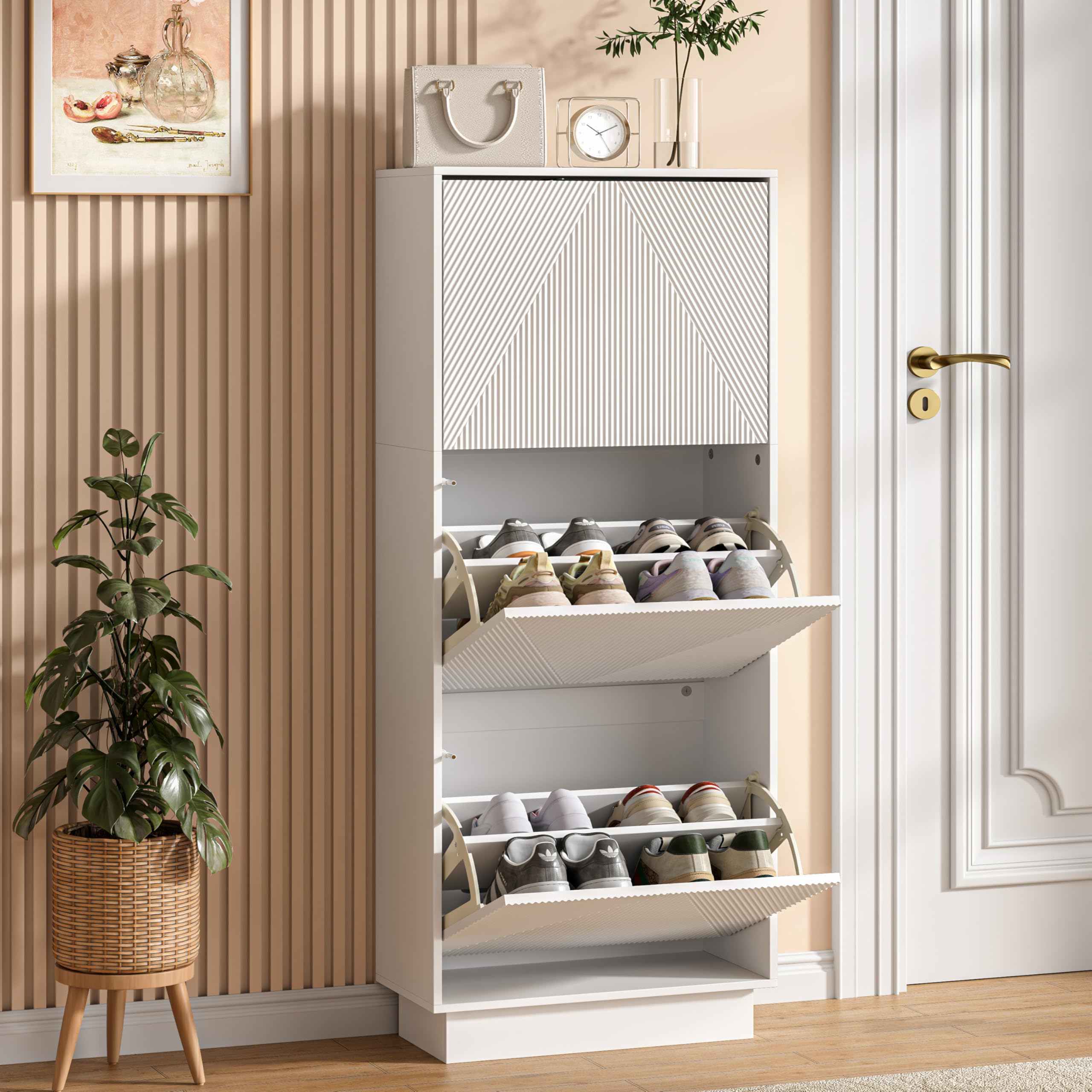 UEV Slim Shoe Cabinet with 3 Flip Drawers, Carved Line Fronts, Narrow Storage Unit with Anti-Tip Design for Hallway, Living Room or Entryway, Space-Saving White — image 1