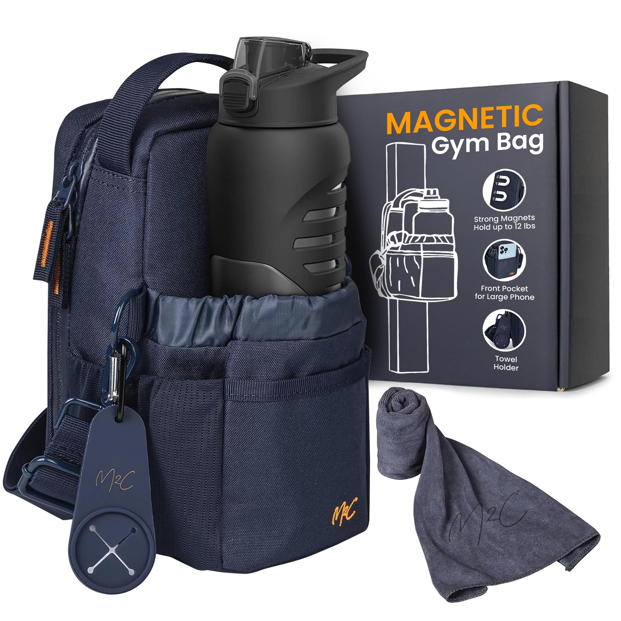 M2C® Borsa Magnetica Palestra - la tua compagna ideale per lo sport! Piccola sacca da palestra per uomo e donna con potenti magneti, bottiglia d'acqua e supporto per telefono e clip per chiavi