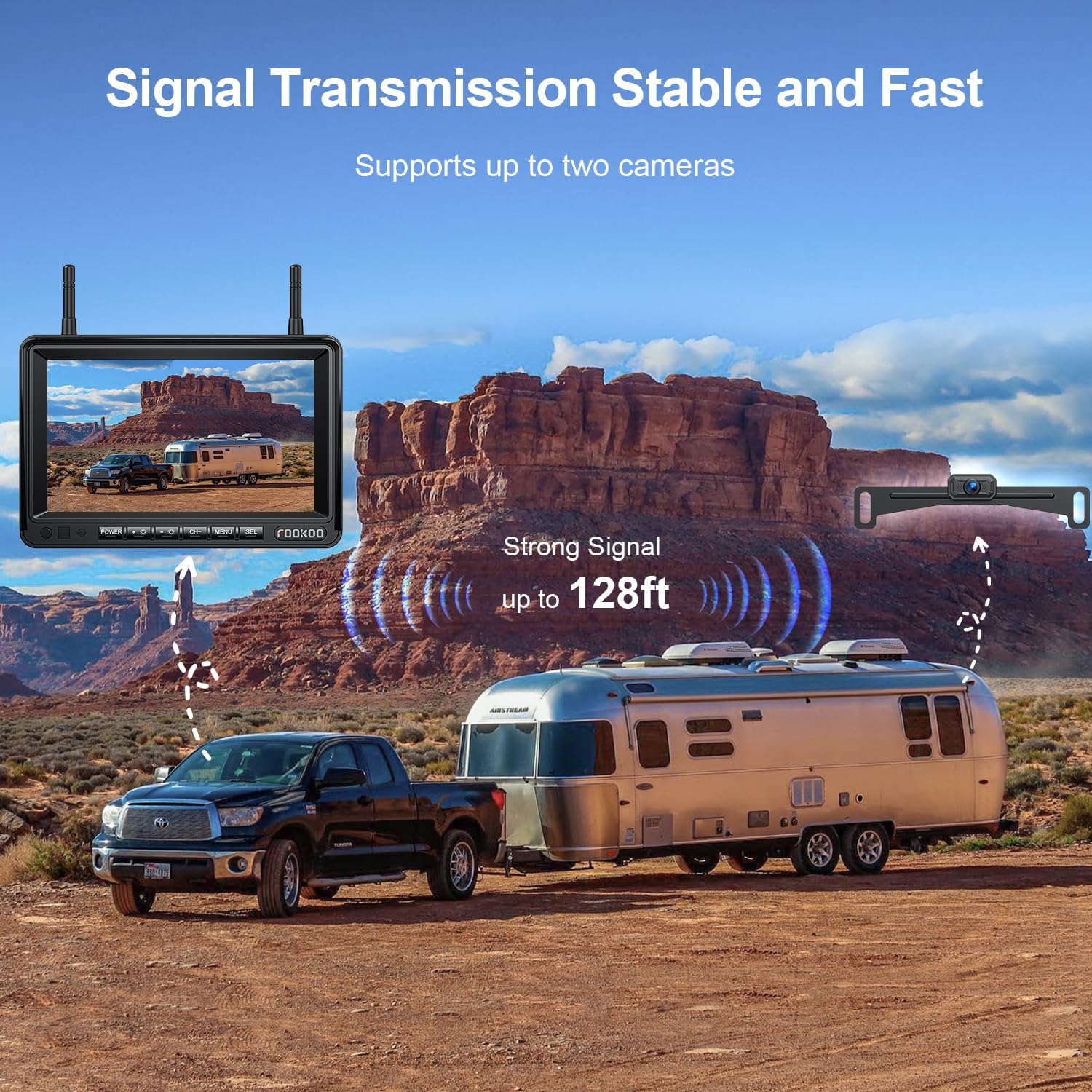 Diagram showing wireless signal transmission between the Fookoo monitor and camera, effective up to 128 feet