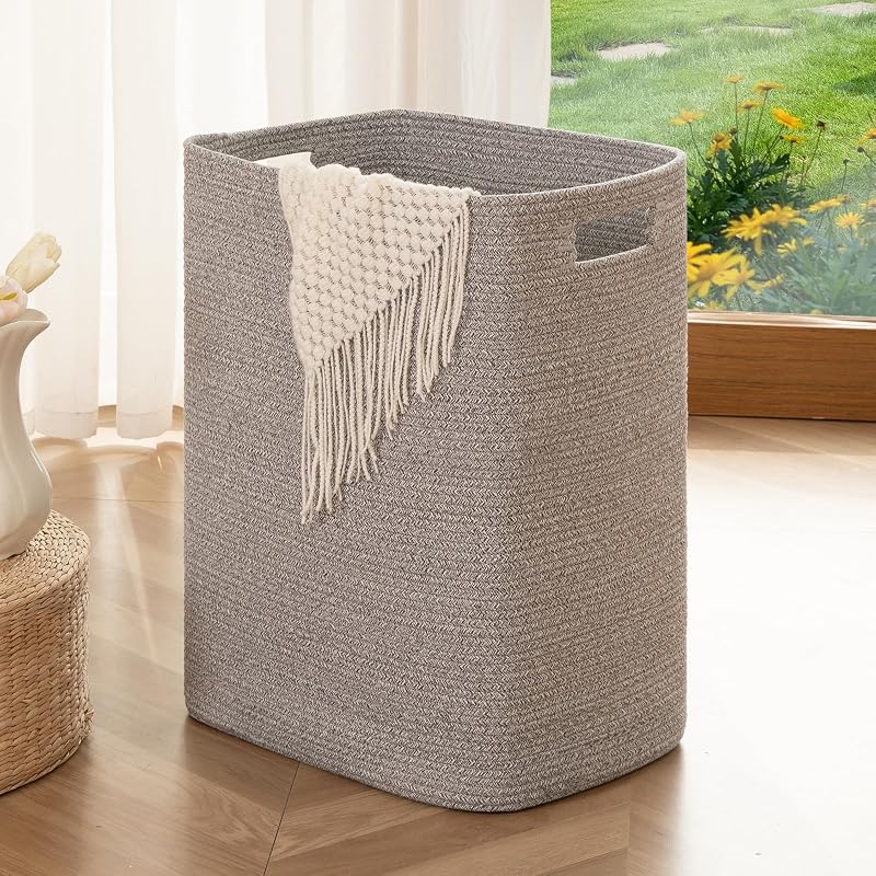 Laundry Hamper Laundry Basket Rectangle Cotton Storage Basket Grey | 16x13x22in Woven Clothes Hamper with Handles, Large Blanket Basket for Living room, Decorative Storage bins for Toys,Pillows