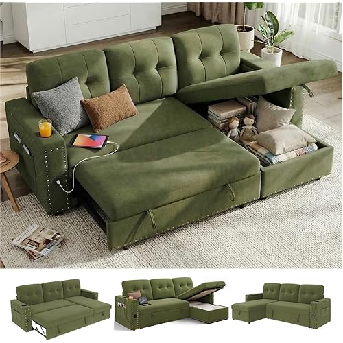 HIFIT Sleeper Sofa Bed- 81" L Shaped Pull Out Couches for Living Room with Storage Chaise, Storage Armrest, LED Light&USB Port&Cupholder, Modern Velvet Sectional Home Sofa Living Room Furniture, Green