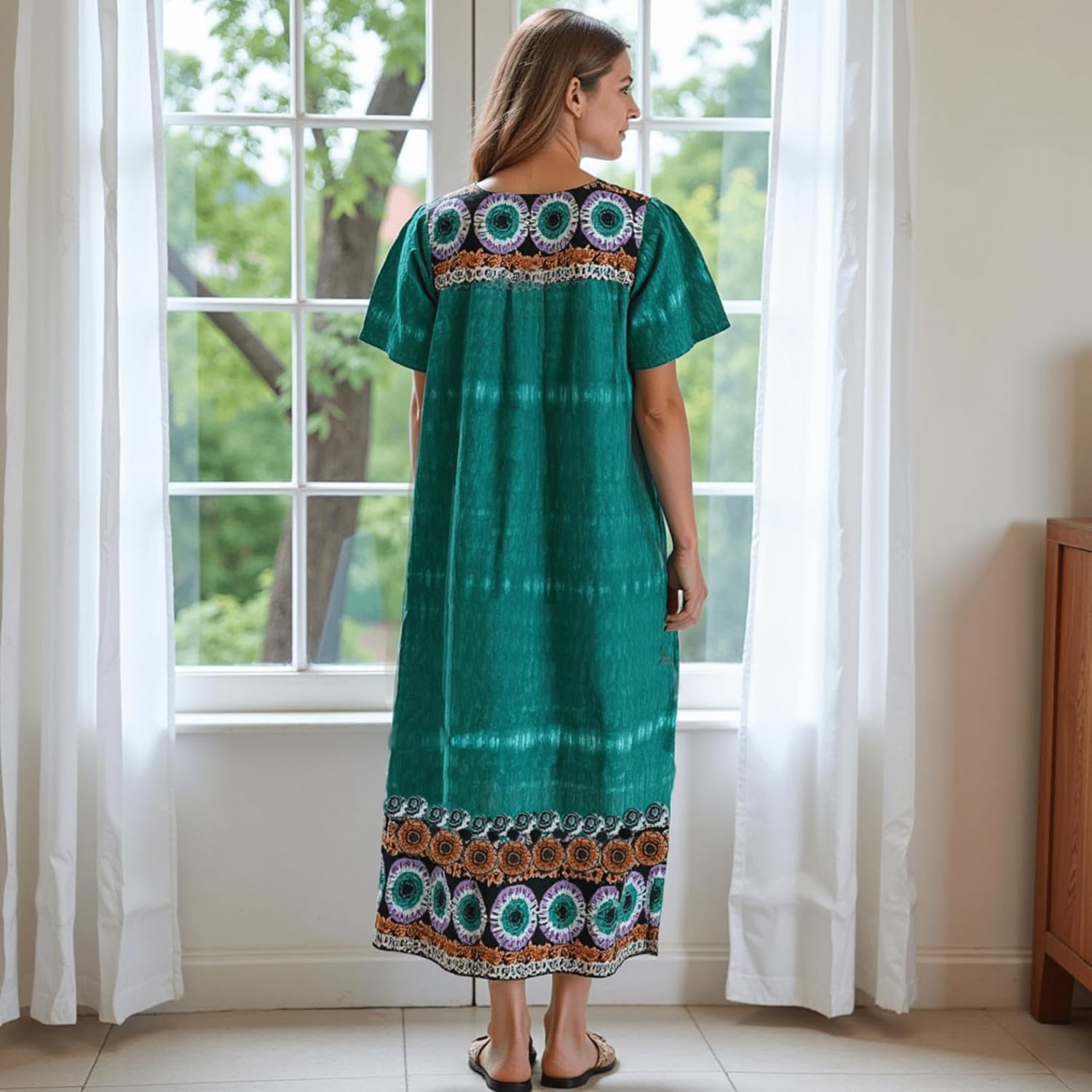 Women's Short Sleeve Teal Lounger House Dress - Contrast Yoke and Hem with Pockets
