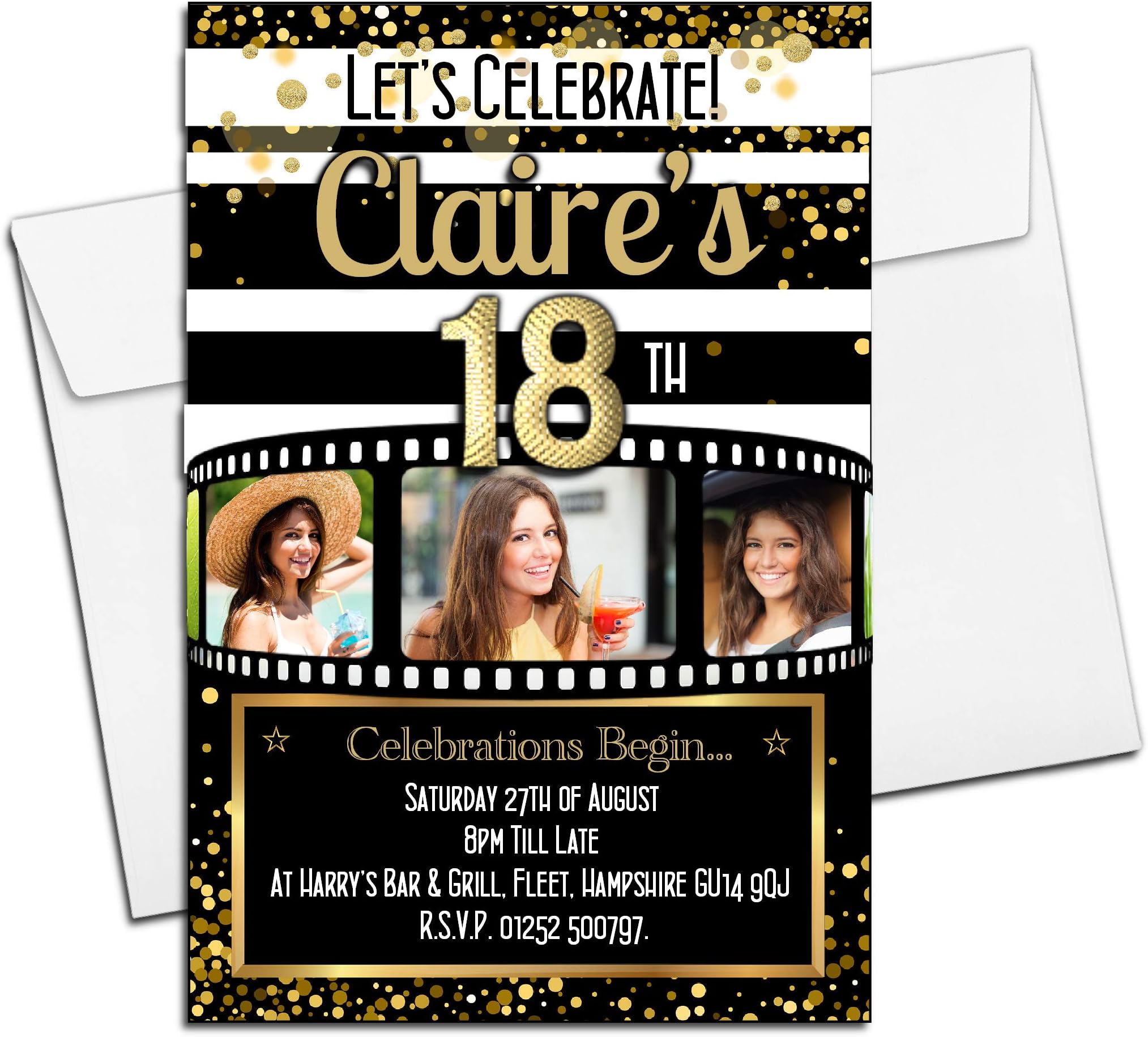 10 Personalised Birthday Party Photo Invitations Black & Gold Camera Film Roll N225-10th 13th 16th 18th 21st 30th 40th 50th Any Age