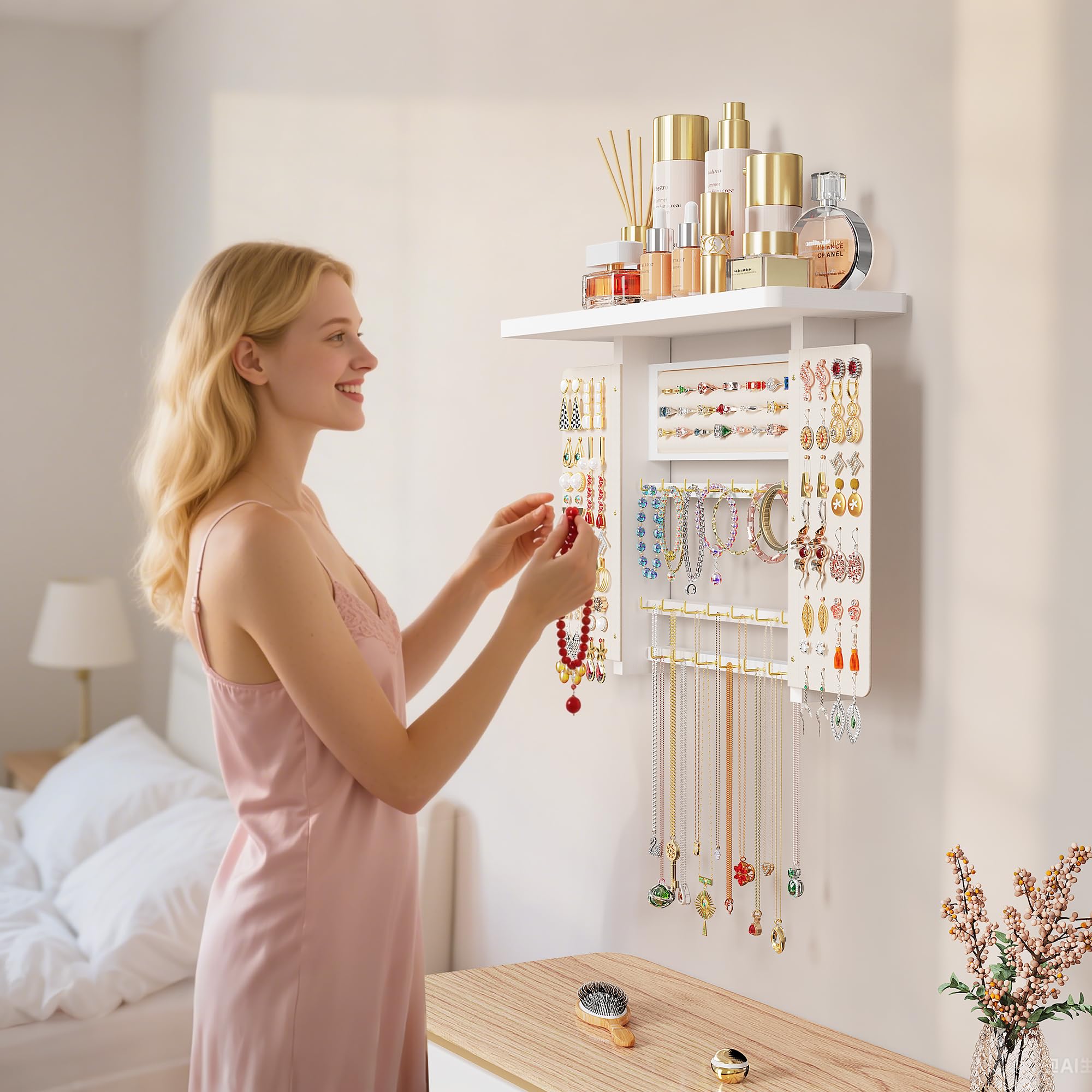 Hängender Schmuck Organizer, Wand Schmuck Organizer mit Holz Regal, Große Kapazität Schmuckständer Aufbewahrung & Display für Halsketten Armband Ohrringe Ring (Weiß)