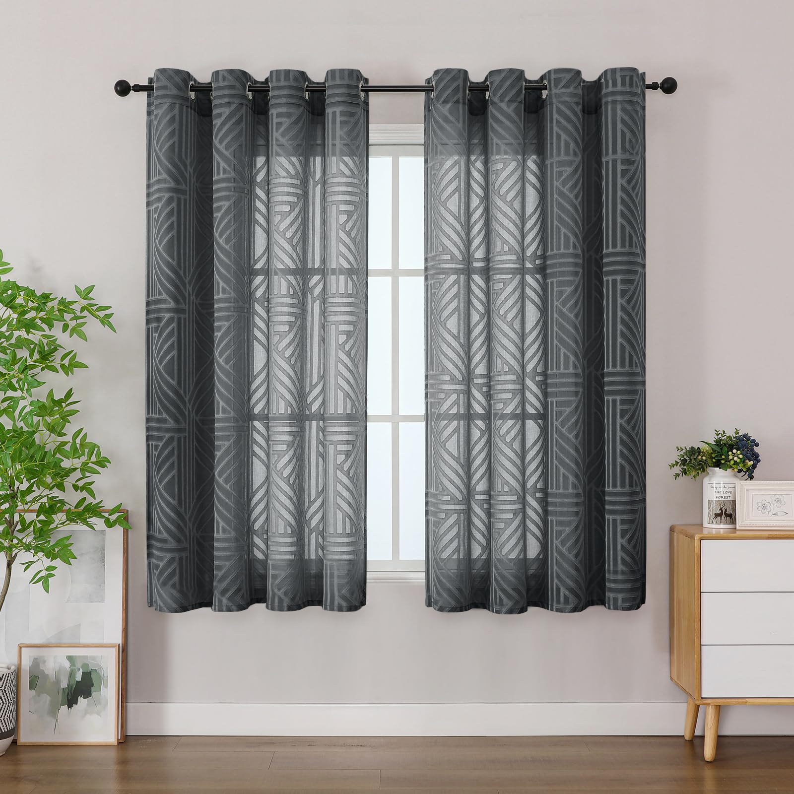 Simplebrand Semi Sheer Grey Curtains 140x137cm 2 Panels, Geometric Jacquard Clip Textured Short Sheer Curtains for Bedroom，Eyelet Modern Elegant Window Panels/Drapes/Treatment