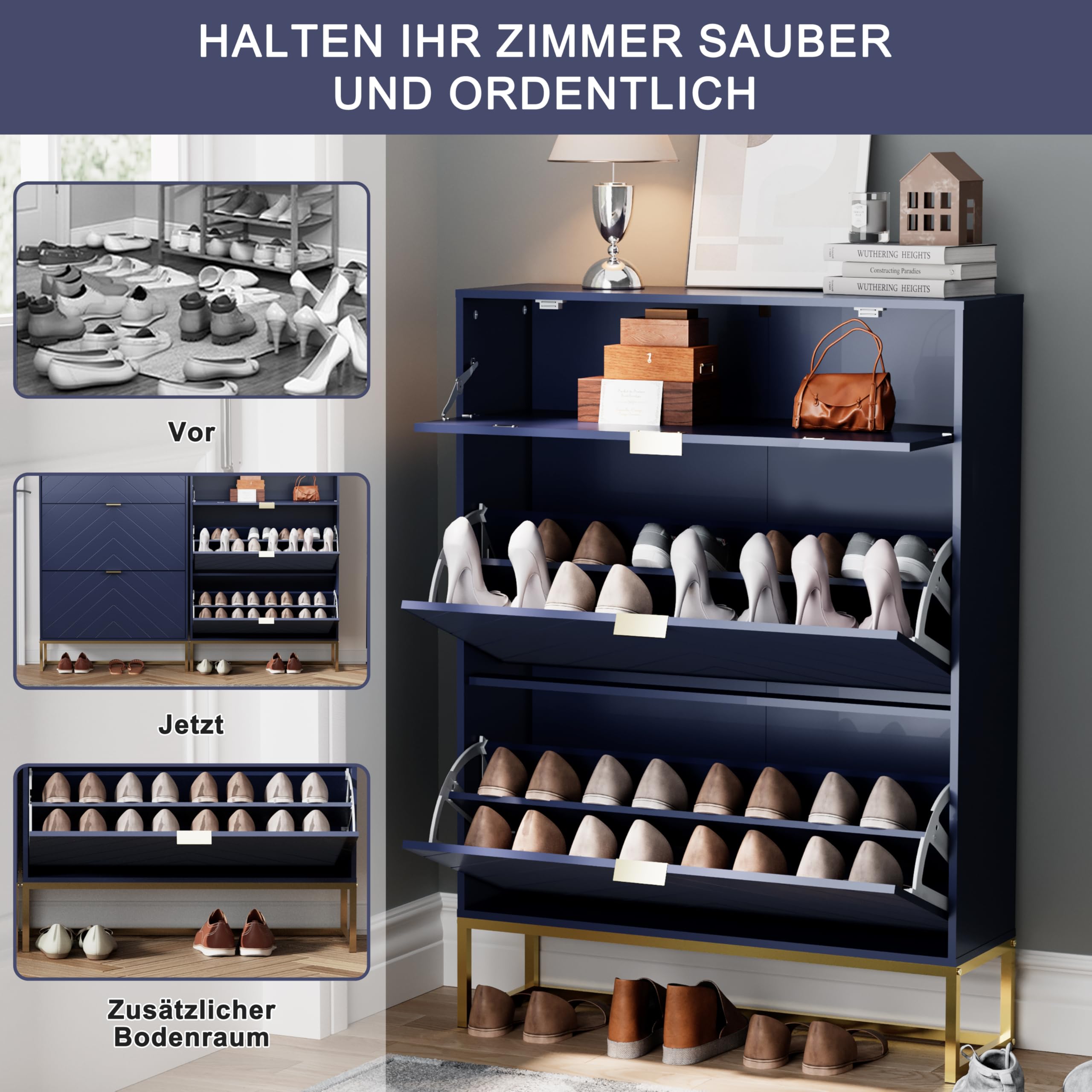 UEV Schuhschrank mit 3 Klappen schmal Schuhablage Schuhkommode Schuhregal Schuhkipper Platzsparend, mit Kippschutz/Trennwand verstellbar für Wohnzimmer Flur, 80x24x122cm, Blau