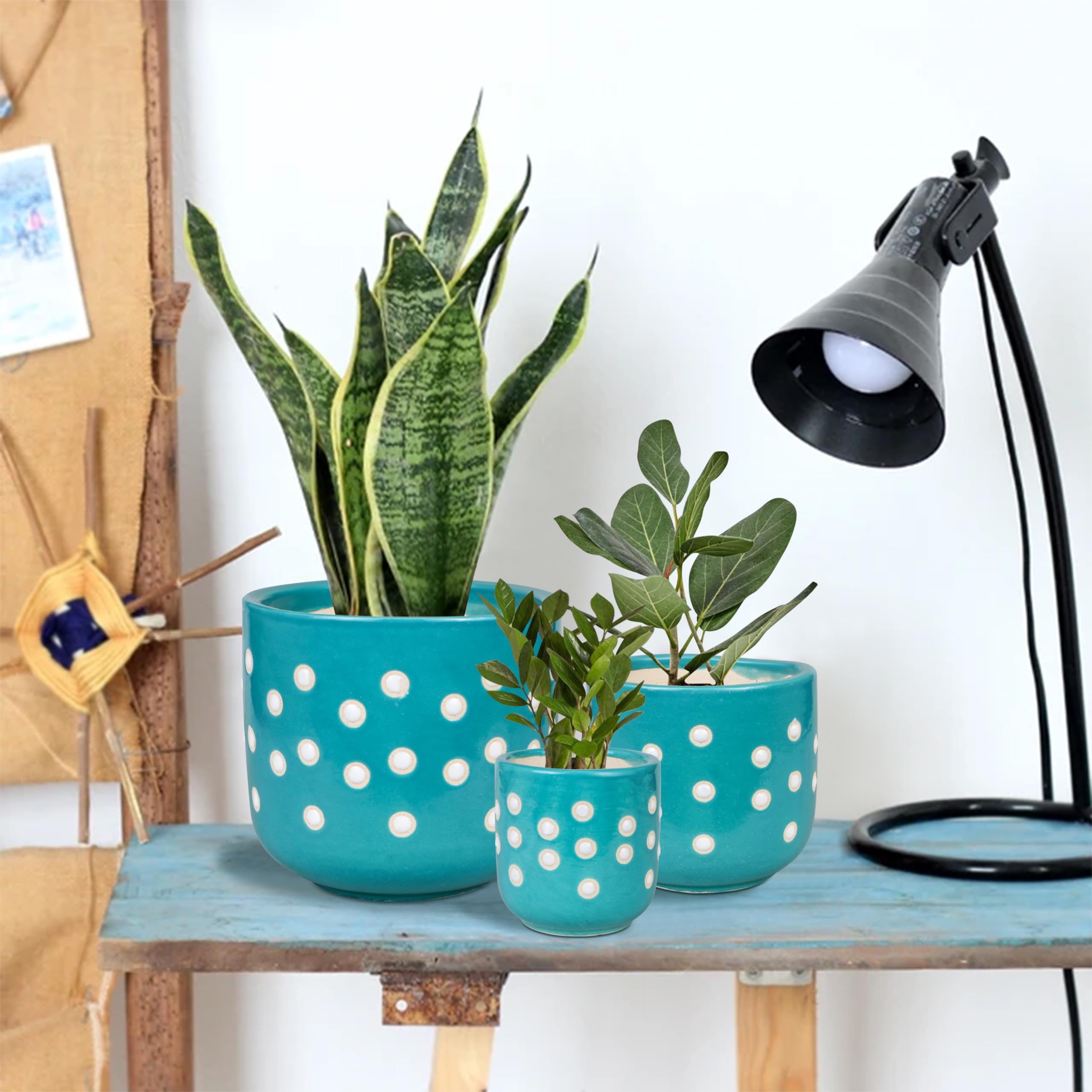 Ceramic Flower Plant Pots Set of 3 in Different Sizes, Modern Round Ceramic Succulent Planter Pots with Doted Texture for Tabletop/Kitchen or Home Decor (Blue)