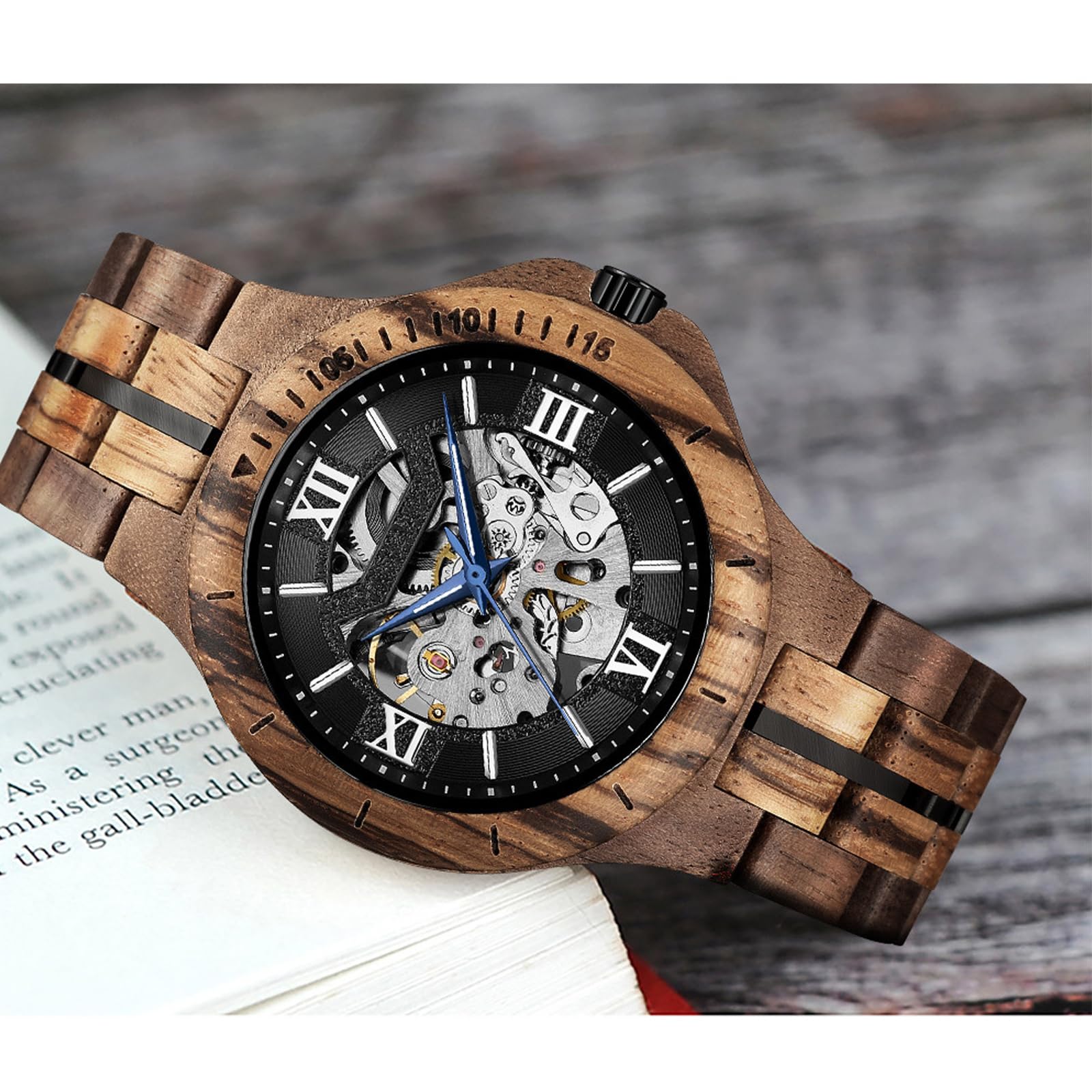 FORSINING Montre pour homme - Design classique - En bois - Automatique - Squelette - Montre mécanique lumineuse et étanche