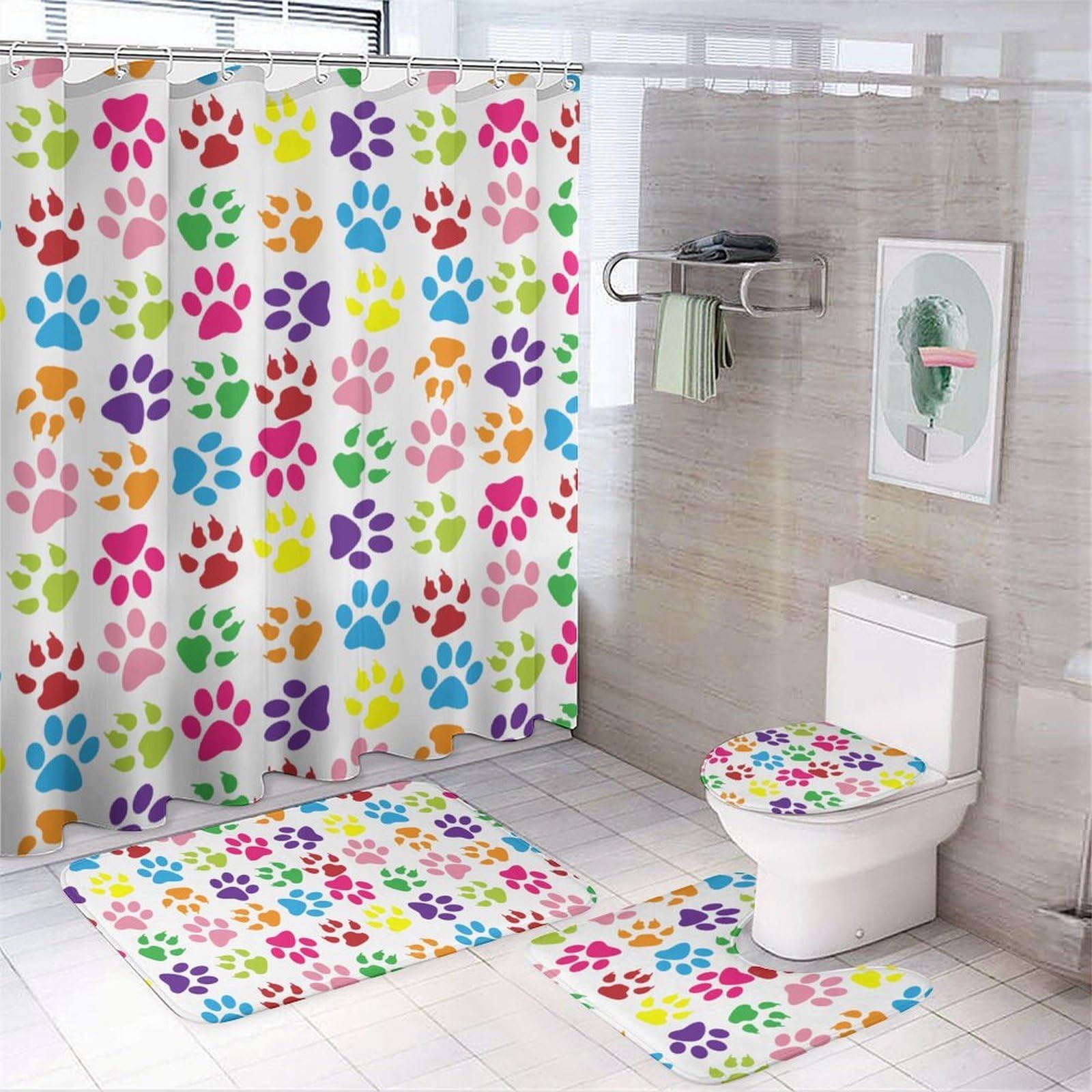Wlntrophic Bathroom Mat Set 4 Piece, Dog Paw Shower Curtain with Non-Slip Bath Mats for Bathroom