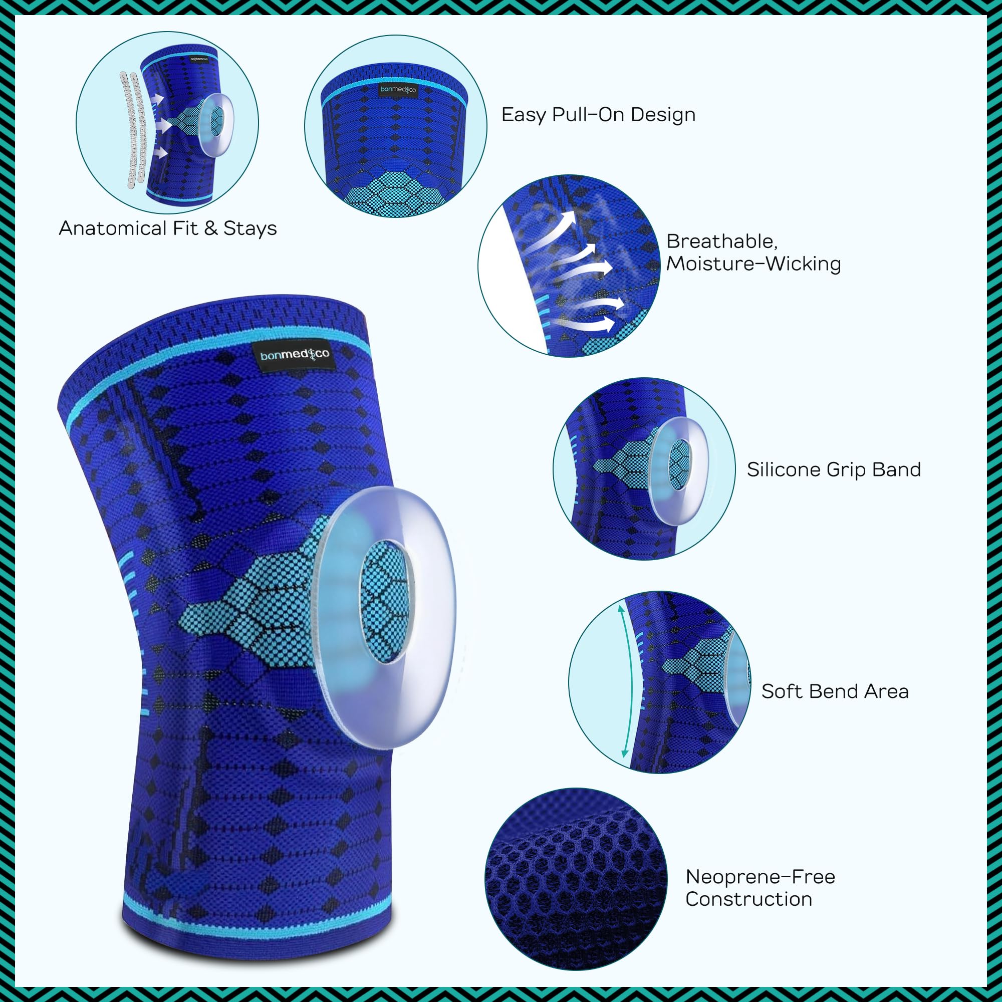 bonmedico Rodillera Gel Silicona Compresión Azul XXL | Rodillera deportiva con ajuste cómodo, gel de silicona y tejido transpirable.