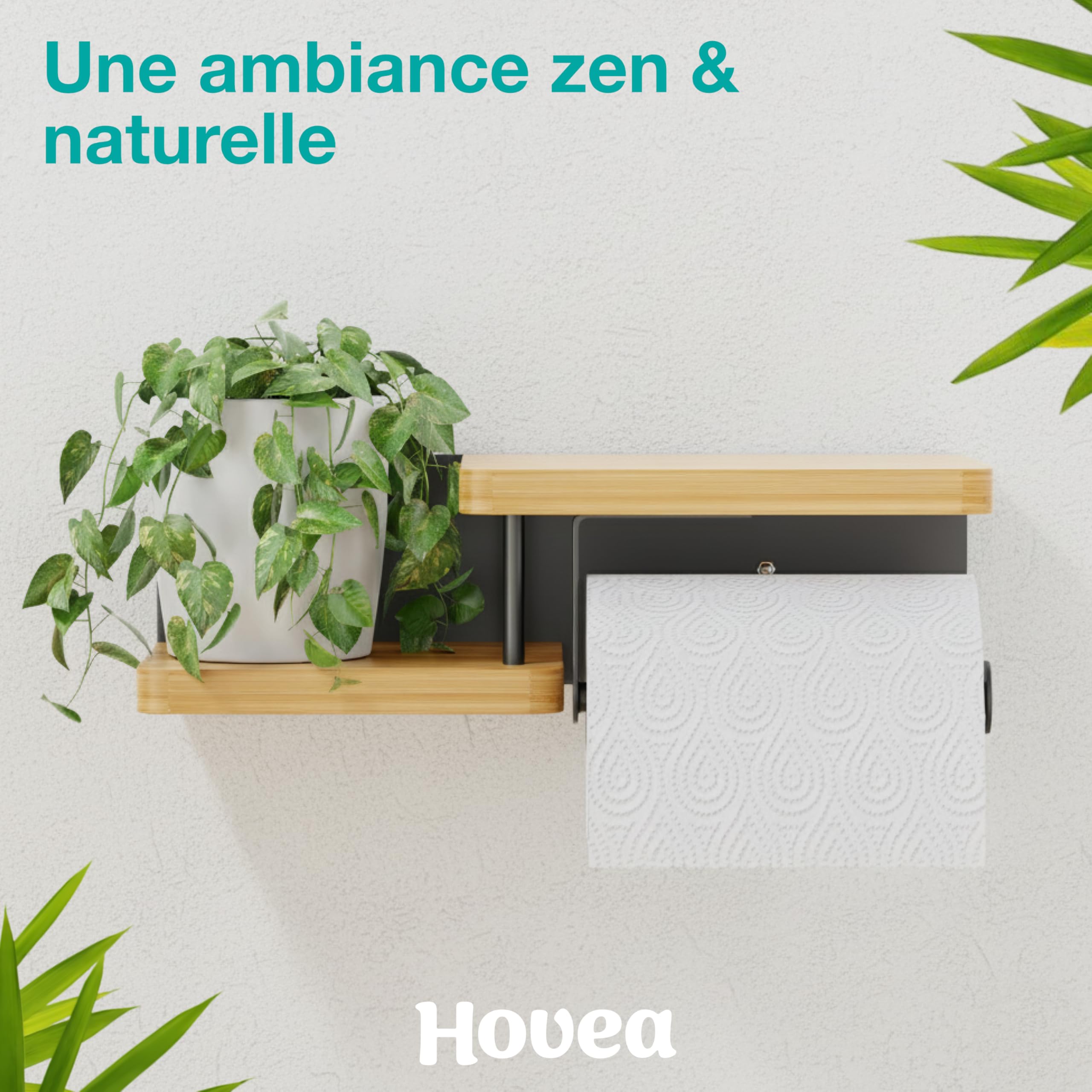 Support Papier Toilette Mural - avec ou sans Perçage - Porte-Papier Toilette en Bois & Métal - Distributeur Rouleau Papier WC PQ - Noir & Bambou - PPT130
