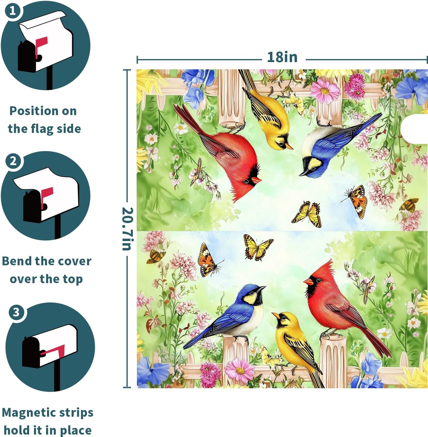 Spring Birds Mailbox Covers Magnetic 18x21 Inch, Colorful Floral Blooms Fence Bird Butterflies Farmhouse Standard Post Box Wrap Cover for Garden Yard Outdoor Decoration