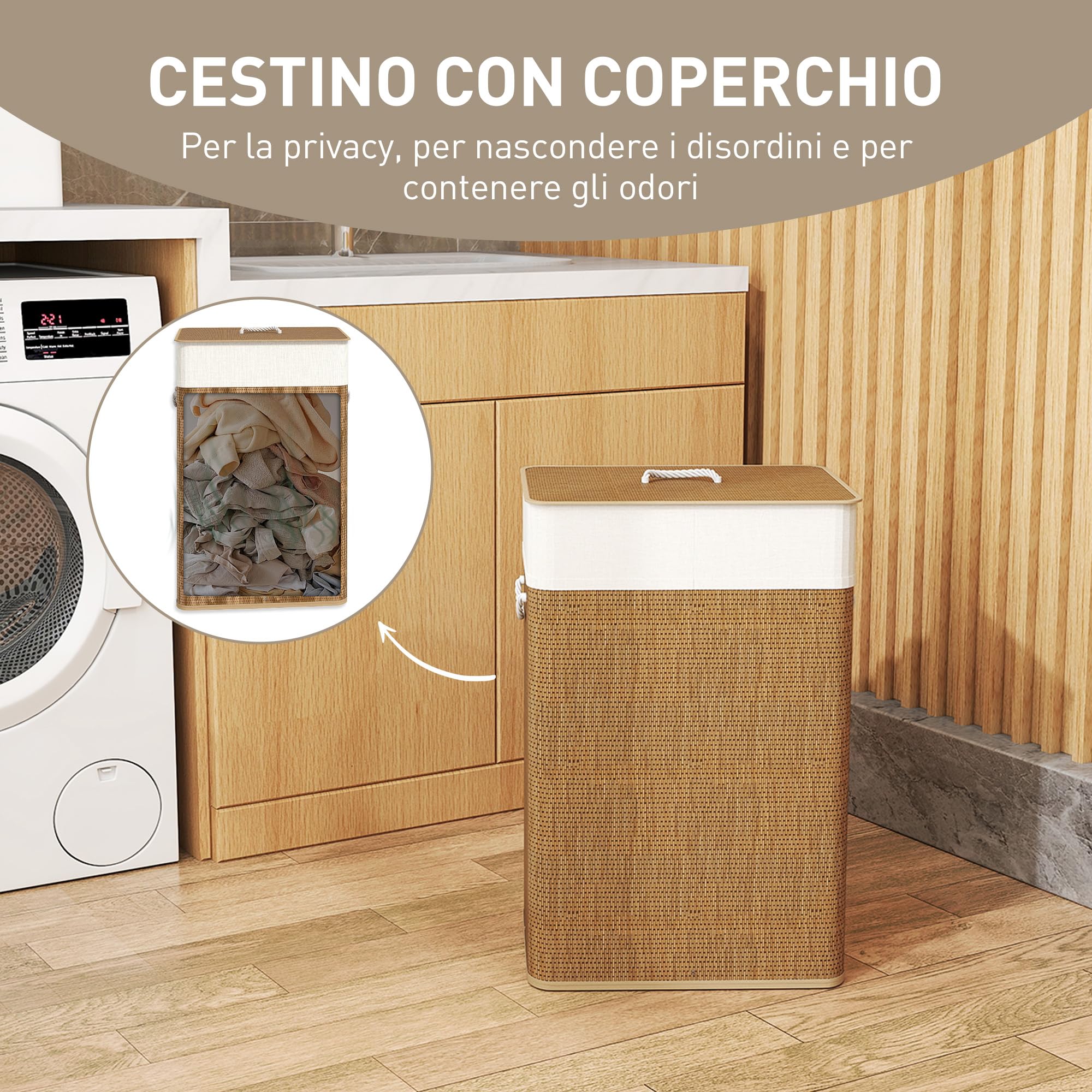 HOMCOM Cesto Portabiancheria da 72L con Coperchio, Cesta per Bucato in Bambù con Manici in Corda e Sacco Rimovibile e Lavabile, Marrone