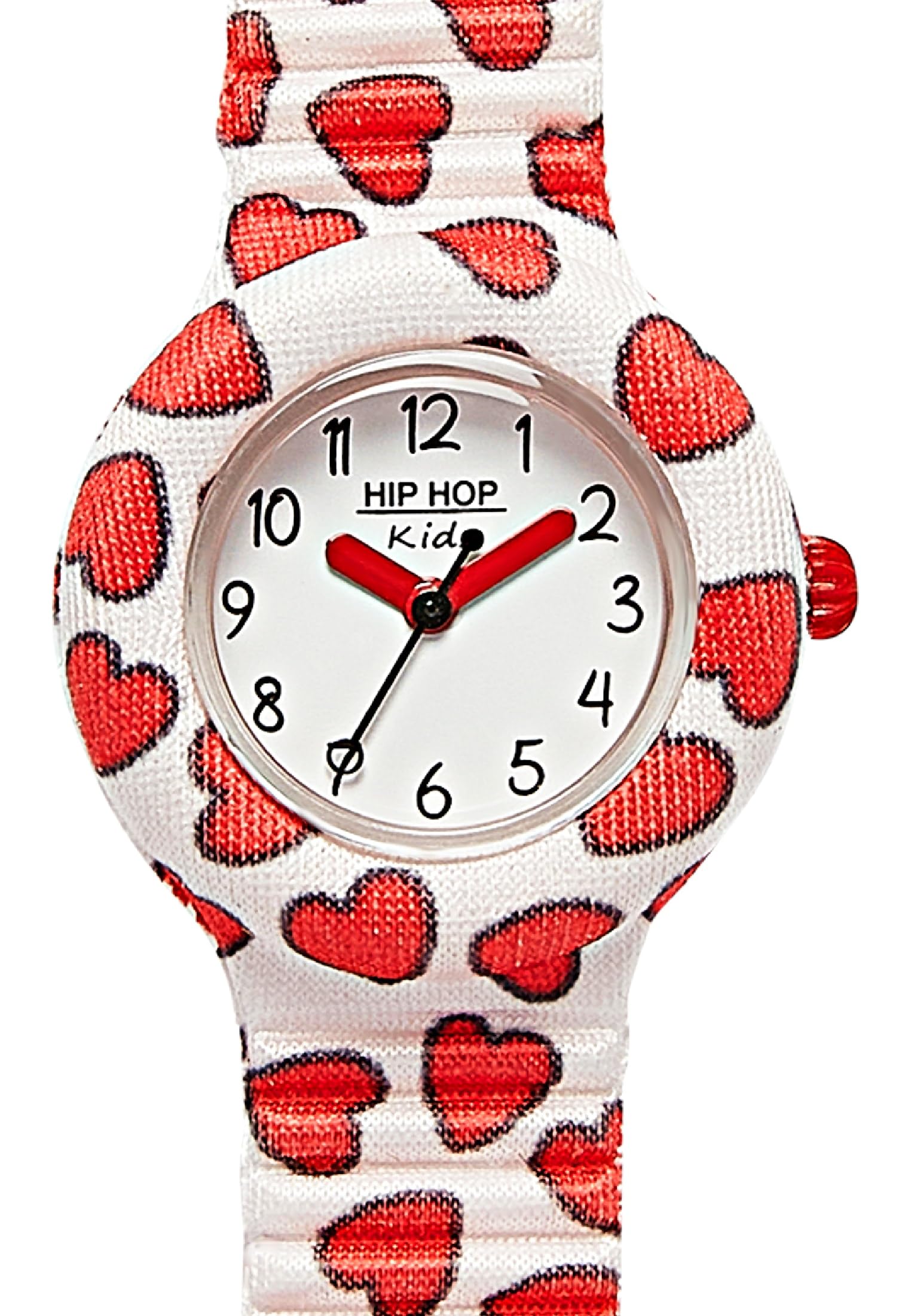 Hip Hop, Collezione Happy Love, Orologio Bambina, con Cinturino in Silicone Intercambiabile, Pratica Chiusura, Lunetta Bianca, Numeri Neri, Cassa 28 mm, Movimento al Quarzo, Bianco con Cuoricini Rossi