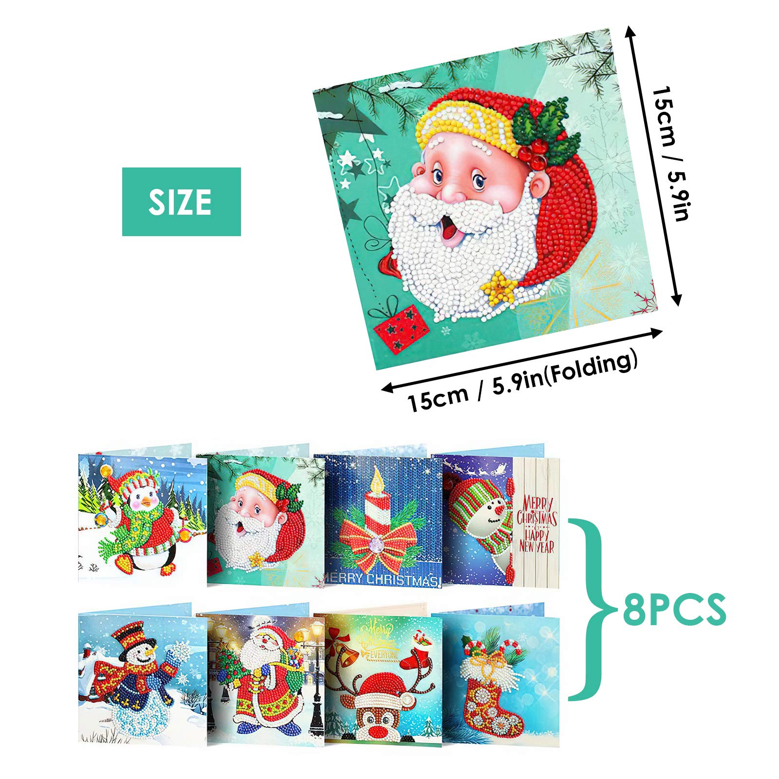 iFCOW Lot de 8 cartes de vœux de Noël 5D à faire soi-même avec peinture diamant pour les fêtes entre amis et la famille