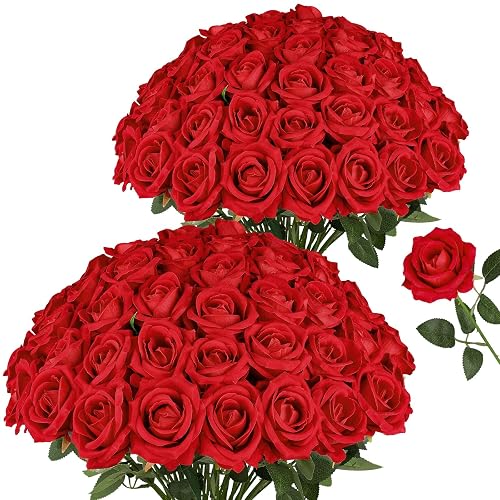 AmyHomie 48PCS Red Roses Artificial Flowers, Realistic Fake Velvet Rose