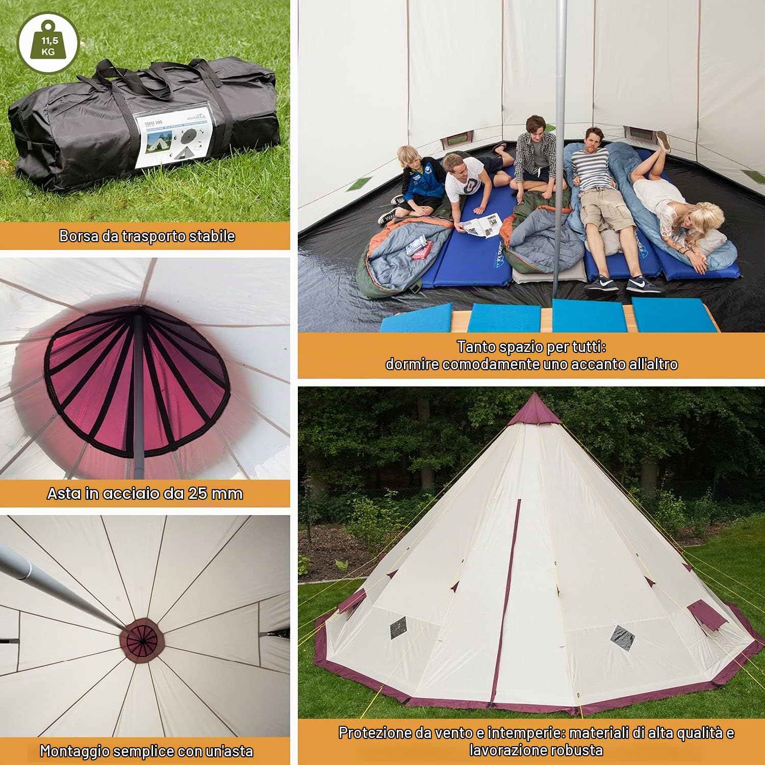 Tenda da campeggio Tipi Kota 550 Protect | fino a 12 persone, impermeabile, zanzariera, altezza 3 m, diametro 5,5 m, pali in acciaio | Tenda indiana, tenda per feste, tenda per festival, glamping
