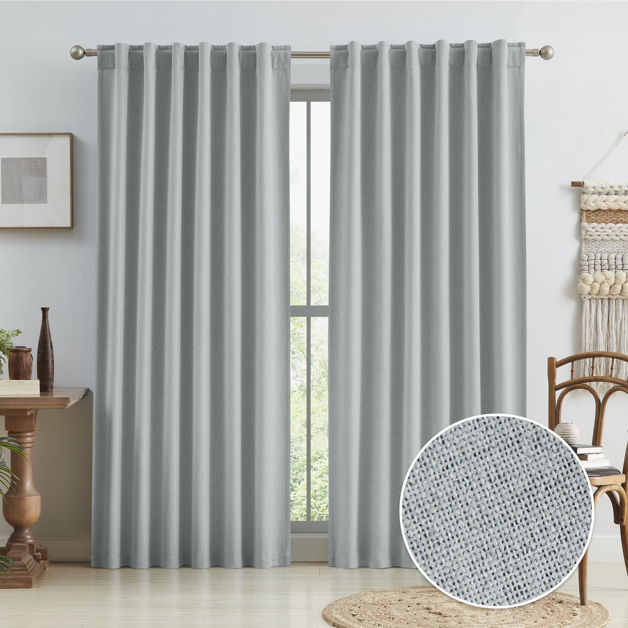 KEQIAOSUOCAI Living Room Full Shade Linen Curtain Panels, High-End Completely Blackout Drapes 96 Inches Drop for Shift Worker and Light Sleepers, Light Gray Back Tab Hook Belt, 50x96, 2 PCs