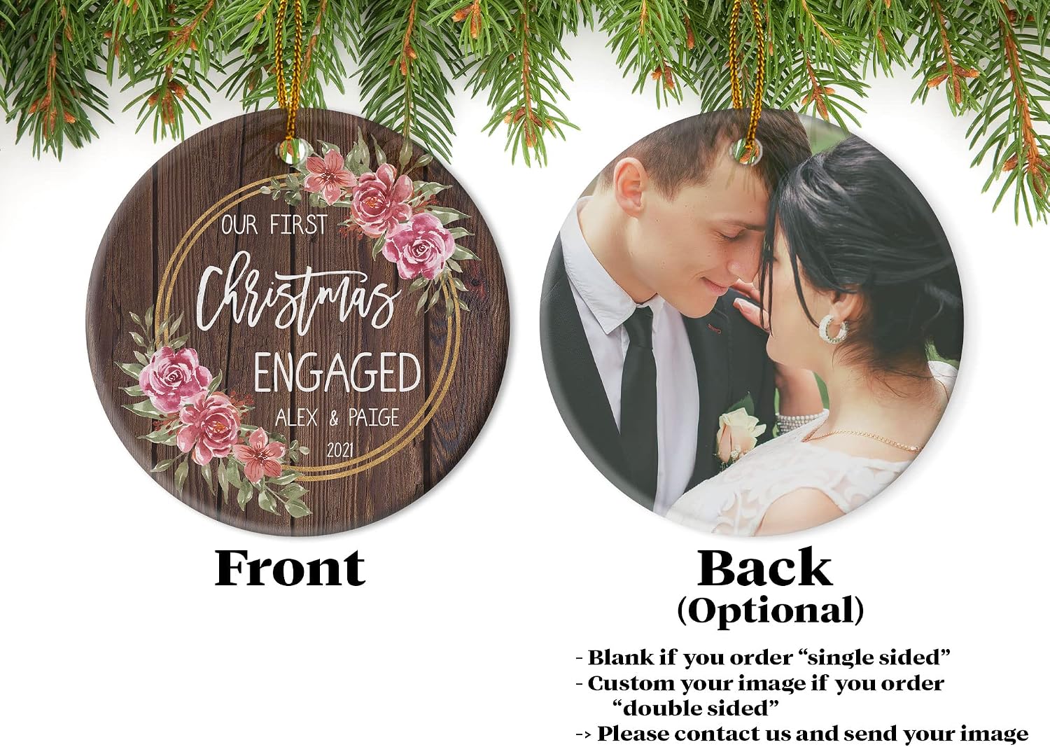 Our First Christmas Engaged 2022, Personalized Name Ceramic Ornament, Custom Photo Ornament, Wedding Decoration, Xmas Tree Ornaments Hanging, Custom Gift for Couple Married Newlyweds, Couple