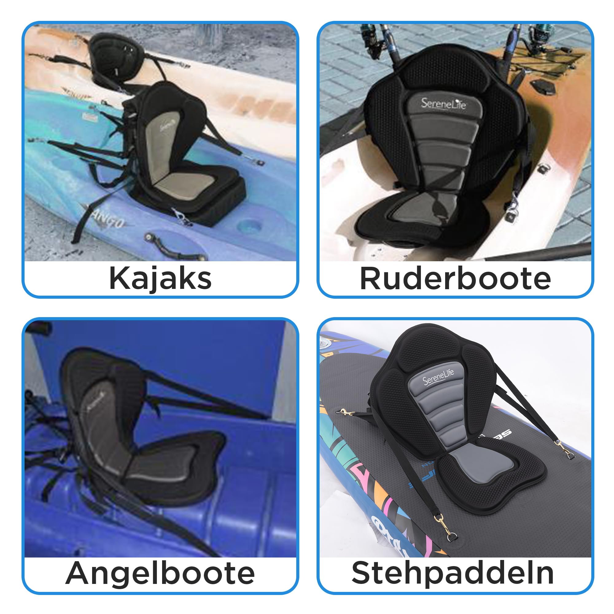 SereneLife Kajak Sitz geeignet auch als Sup Board Sitz, Schlauchboot Sitz & Surfboard Sitz – Verstellbare Kajaksitz mit Rückenlehne kompatibel als Stand Up Paddle Board, Kajak Aufblasbar & Ruderbooten