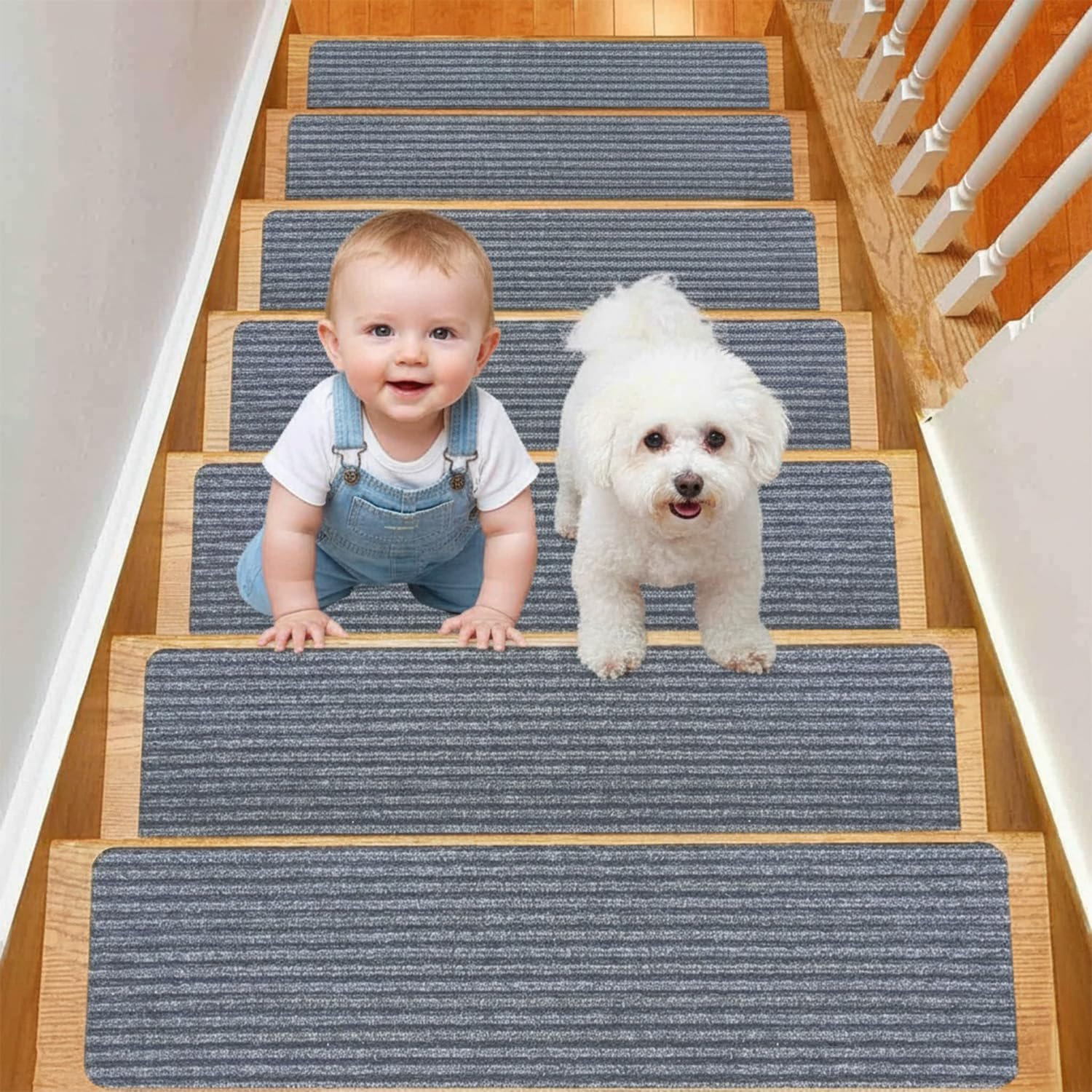 Xtrillogen 15 Pack Stair Treads Carpet,Reusable Non Slip Matting,Cut to Size Peel and Stick Stair Treads,Rectangular Carpet Runner for Children and Elderly Safety(Light gray)