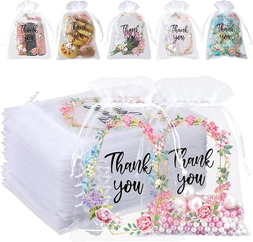 Hoolerry 200 bolsas de regalo de agradecimiento, bolsas de organza transparentes para boda, pequeñas bolsas de agradecimiento florales de malla a