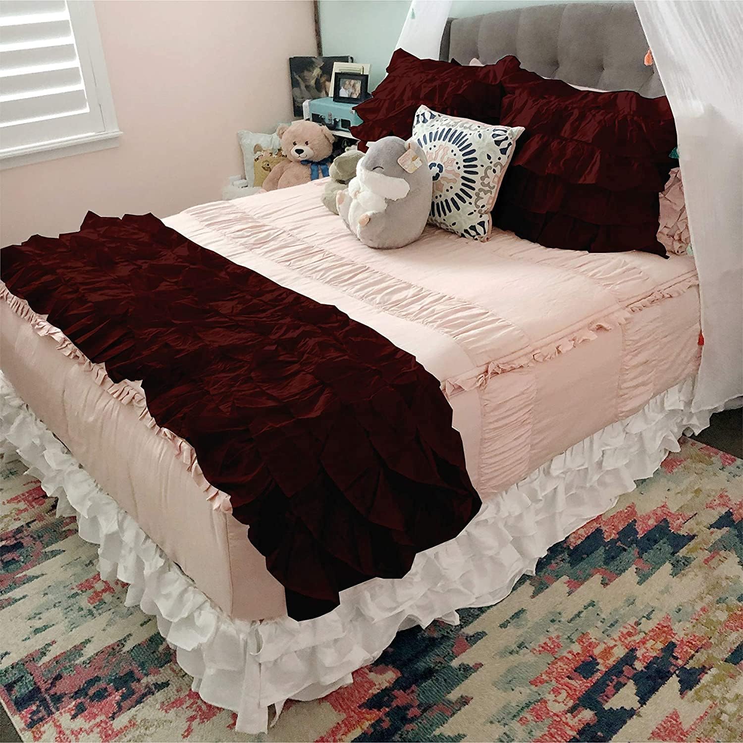 Ruffle Bed Runner 3 Pieces with 2 Pillow Shams 100% Egyptian Cotton Soft Easy Care Decorative Bed Scarf (88" X 18"), Wine