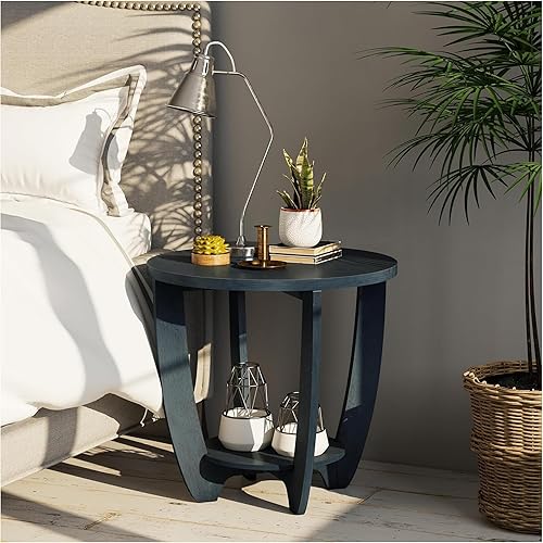 Miniatura 8 de COZAYH Mesa auxiliar rústica de granja con estante de almacenamiento, mesa lateral redonda moderna de estilo campestre francés para espacios