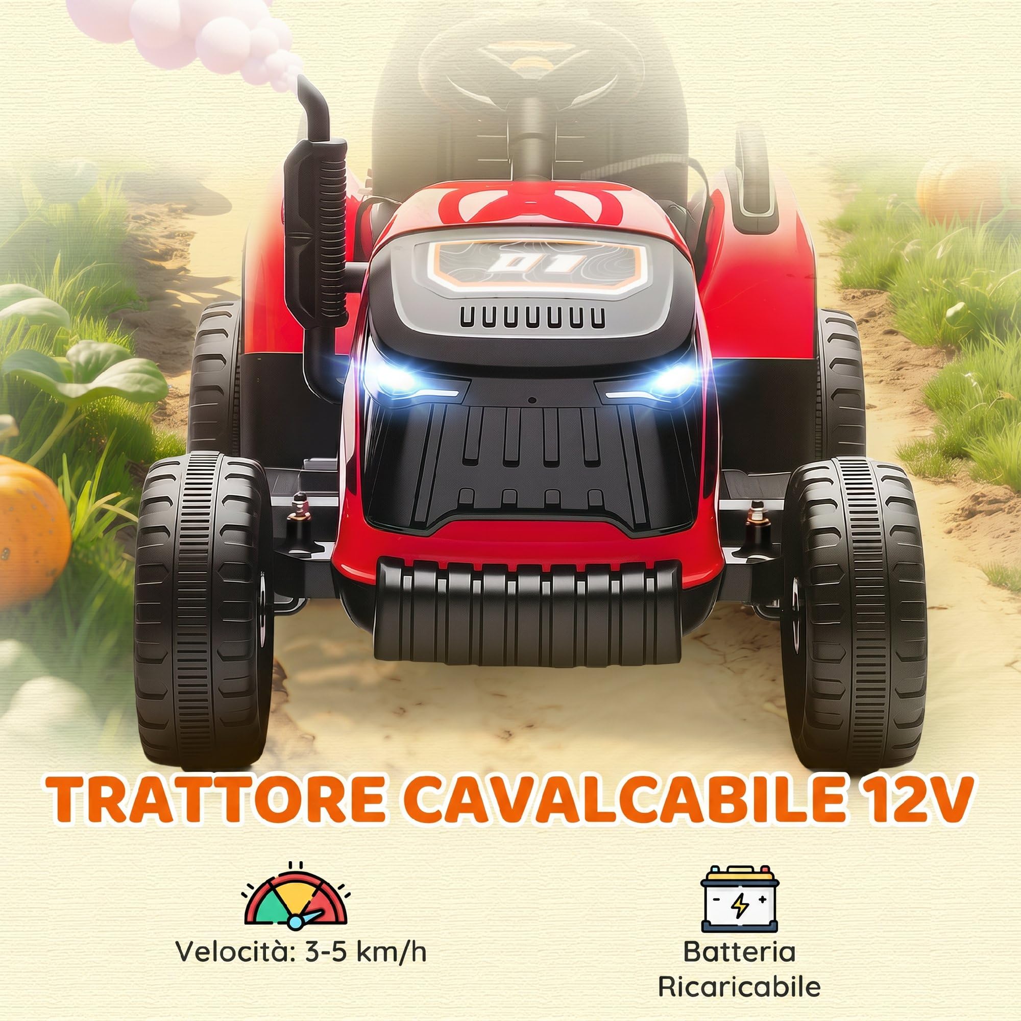 AIYAPLAY 2 in 1 Trattore Elettrico per Bambini 12V con Rimorchio Rosso | 3-8 Anni, Rimorchio Staccabile, Auto Elettrica Cavalcabile per Bambini, Telecomando, Cintura di Sicurezza, Musica, Luci LED