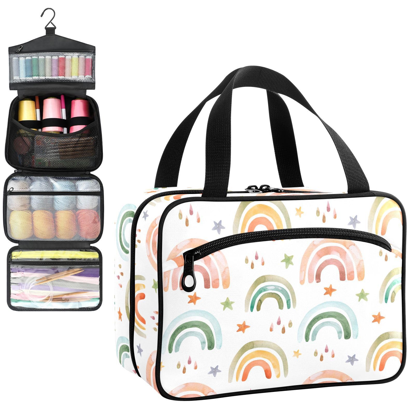 YNNALE Sewing Supply Organizer Bag, Colorful Rainbow Pattern Portable Sewing Bags with Pockets&Hanger, Sewing Storage Box Case for Sew Supplies/Kit/Tools/Accessories (BAG ONLY)