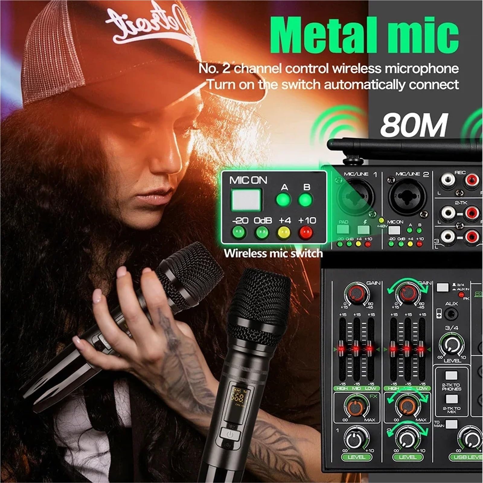 Kontrolery DJ-skie, 4-kanałowy mikser, mikser USB, konsola Bluetooth z bezprzewodowym mikrofonem, mikser DJ-ski do urządzenia imprezowego, soundbar