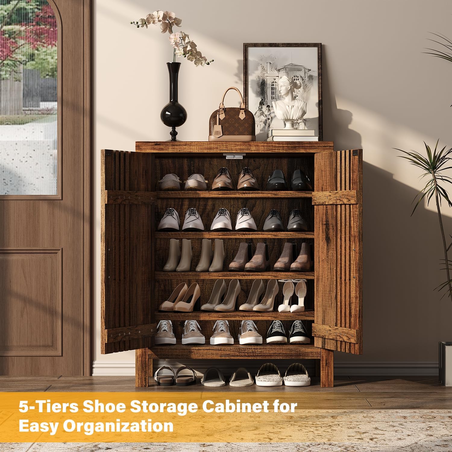 UNIQUITE Wooden Shoes Cabinet with Adjustable Shelves, Retro Freestanding Shoe Organizer Cabinet for Entryway Hallway Living Room, 5-Tier Shoe Cabinet with Doors for 20 Pairs, Dark Walnut
