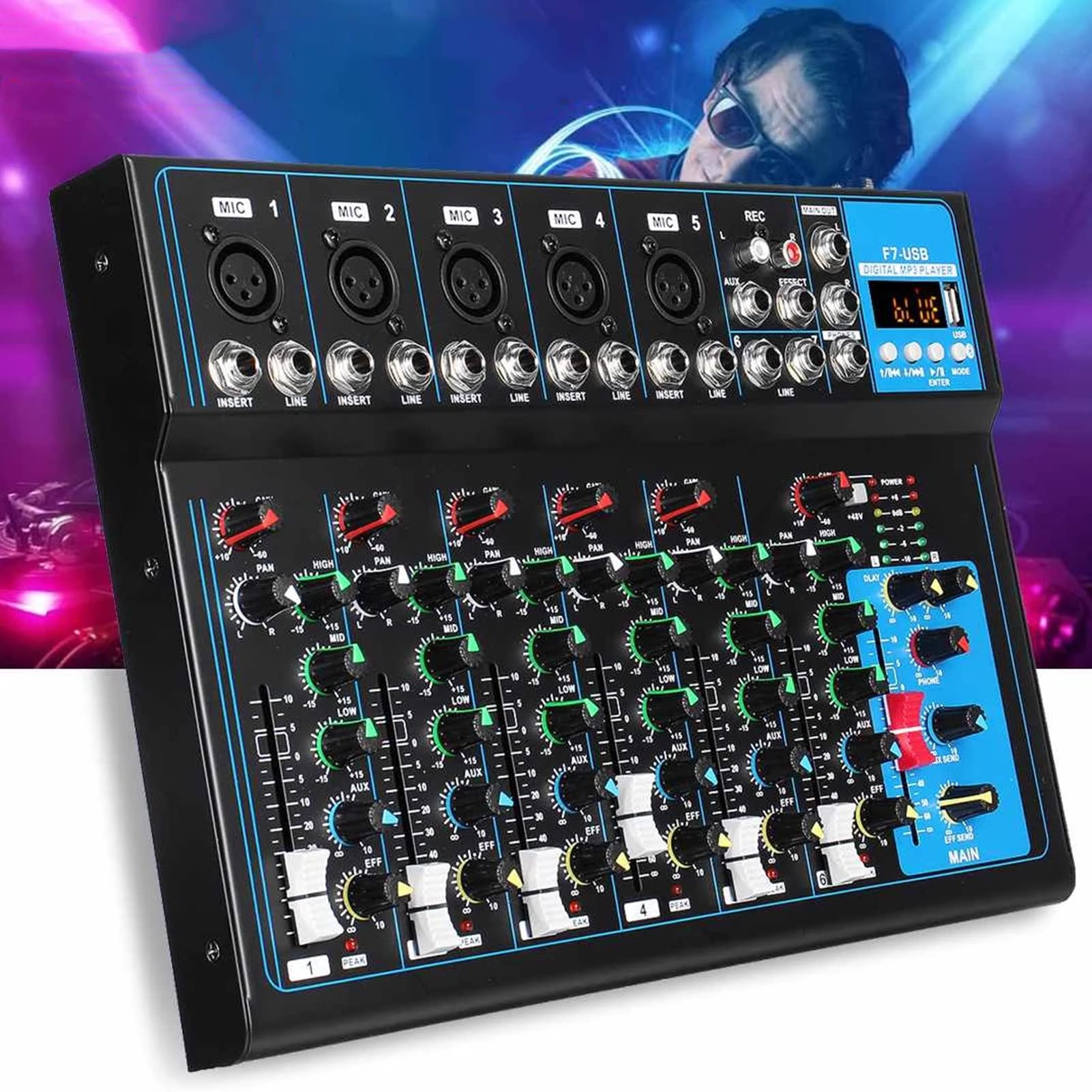 Profesjonalny mikser DJ, cyfrowy wzmacniacz miksera audio 7-kanałowa konsola do miksowania dźwięku stereo Bluetooth USB do nagrywania zespołu domowego na scenie wydajności
