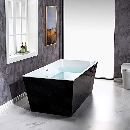 Vista 59 de WOODBRIDGE Bañera de acrílico independiente de 67 pulgadas, bañera negra de remojo contemporáneo con desbordamiento y drenaje negro mate, BTA1812-MB