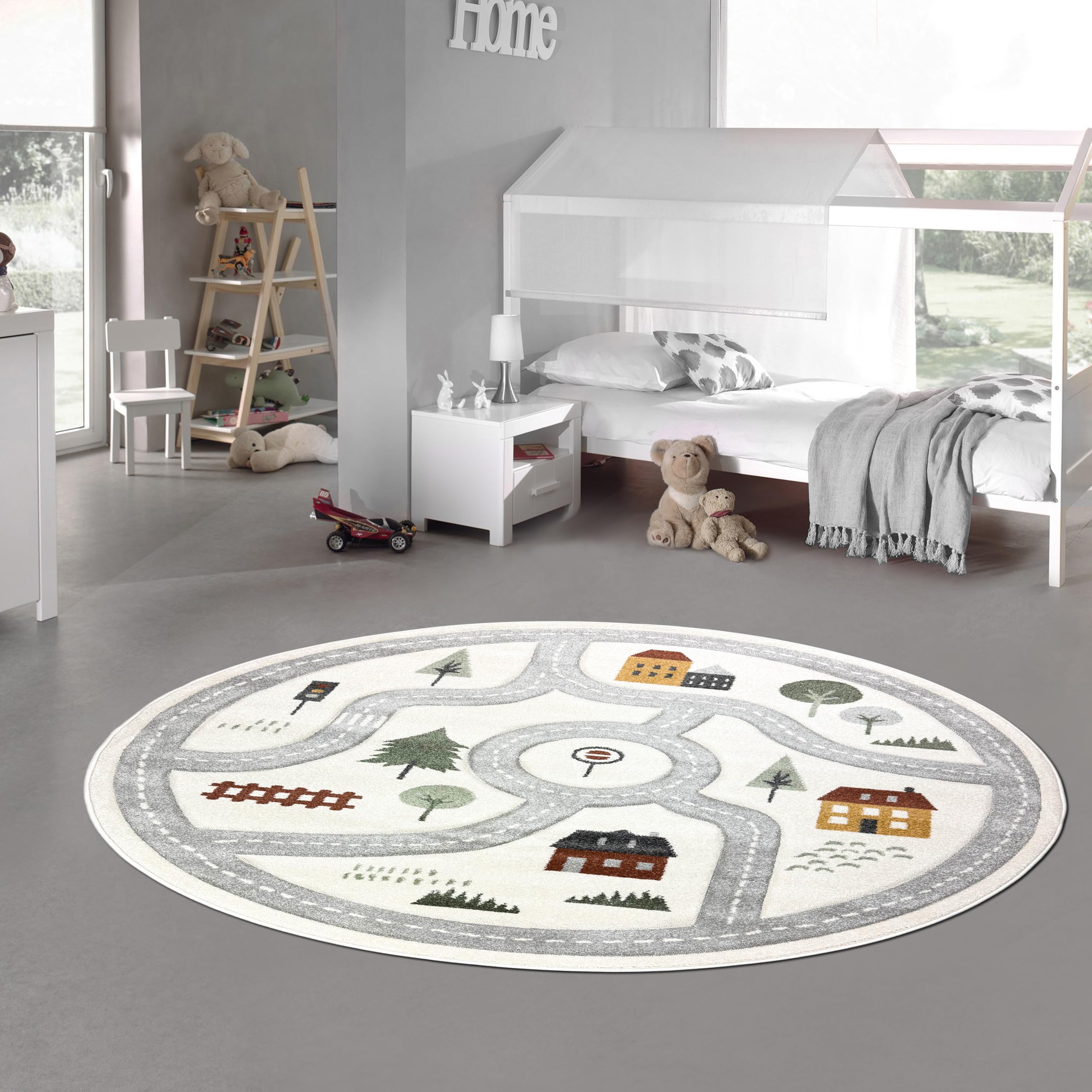 Tappeto-Traum Tappeto per bambini, tappeto per cameretta, rotondo, con motivo stradale, pianta della città, tappeto stradale, morbido, robusto, facile da pulire, tappeto da gioco per cameretta, stanza