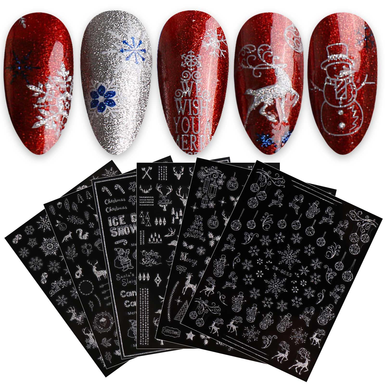 JMEOWIO Weihnachts-Nagelsticker Mit Glitzer – 10 Blatt, Selbstklebend Mit Schneeflocken-Motiv