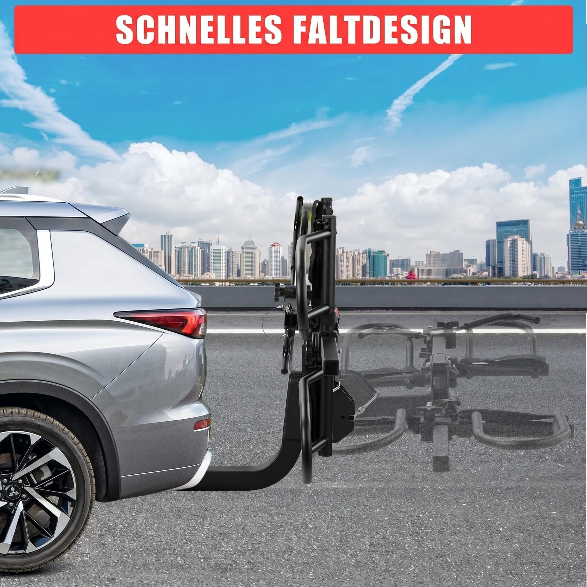 Fahrradträger Anhängerkupplung für 2 Fahrräder E-Bike, Universal Fahrradträger 68 kg Tragkraft mit Schlössern, Intelligente Neigung und Faltbar, 5 cm Anhängerhaken für die Meisten Auto/SUV