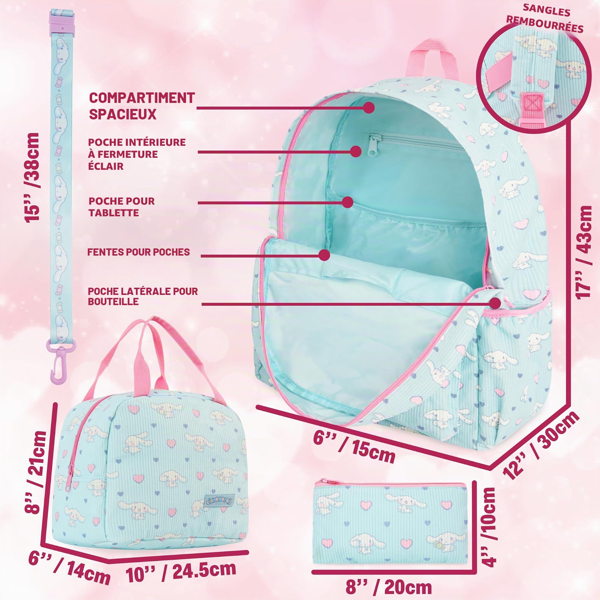 Get Trend Hello Kitty Cinnamoroll Sac a Dos Fille, 4 Pcs Cartable, Sac Isotherme Repas, Trousse Scolaire et Lanyard (Bleu/Rose Cinnamoroll)