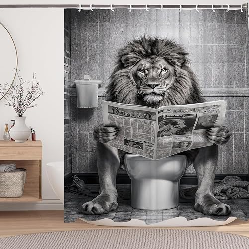 LKFBSC Funny Lion Shower Curtain, Fancy Humor Leo Animal on Toilet Shower Curtains Set, Black and White Funky Shower Curtains, Large Cat Man Grey Bathroom Curtain 72x72 inch - 72"W x 72"L (Pack of 1) - White Black