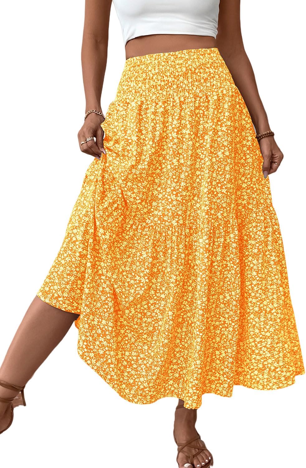 Women's Smocked High Waist Maxi Skirt Casual Boho Long Skirts with Pockets