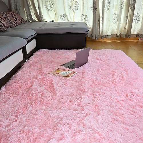 Beyeutao Alfombras de área rosadas esponjosas de 4.6 x 6.6 pies, suaves, para interiores, modernas, esponjosas, para sala de estar, dormitorio de