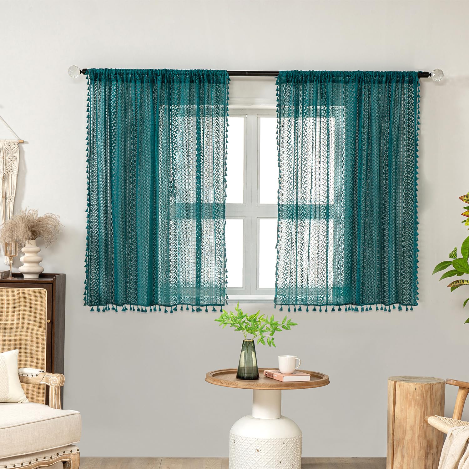 WAZZIO Teal Kitchen Sheer Cafe Curtains 45 Inch Length Boho Cotton Crochet Lace Tassel Rod Pocket Light Filtering Drapes for Bathroom 2 Panel, Turquoise
