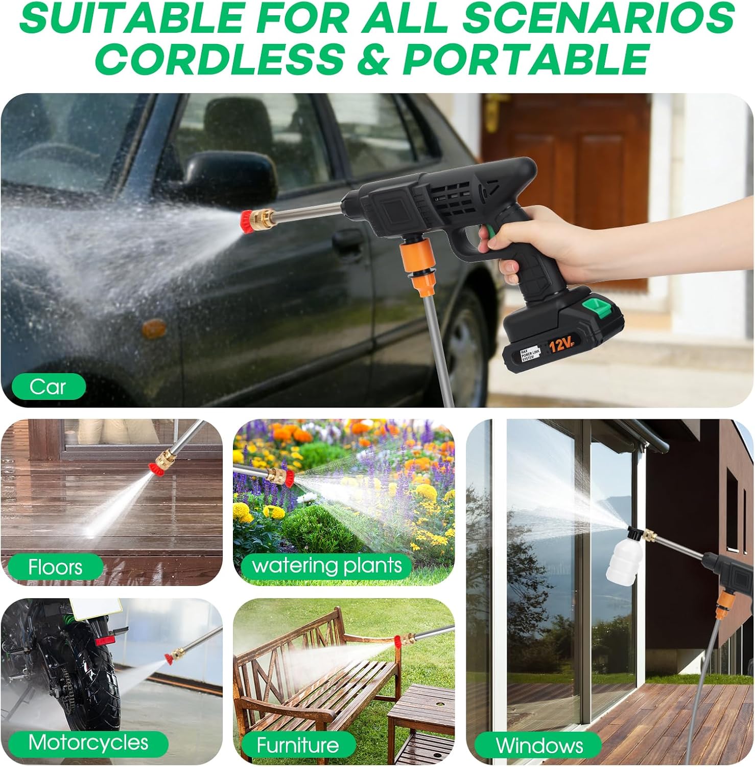 Cordless Pressure Washer,600PSI Portable Power Washer with 2 Nozzle,Foam Cannon,16.4FT High-Elastic Hose,Handheld Pressure Water Spray Gun,Power Cleaner for Car,Garden,Floor,Home,Outdoor Cleaning